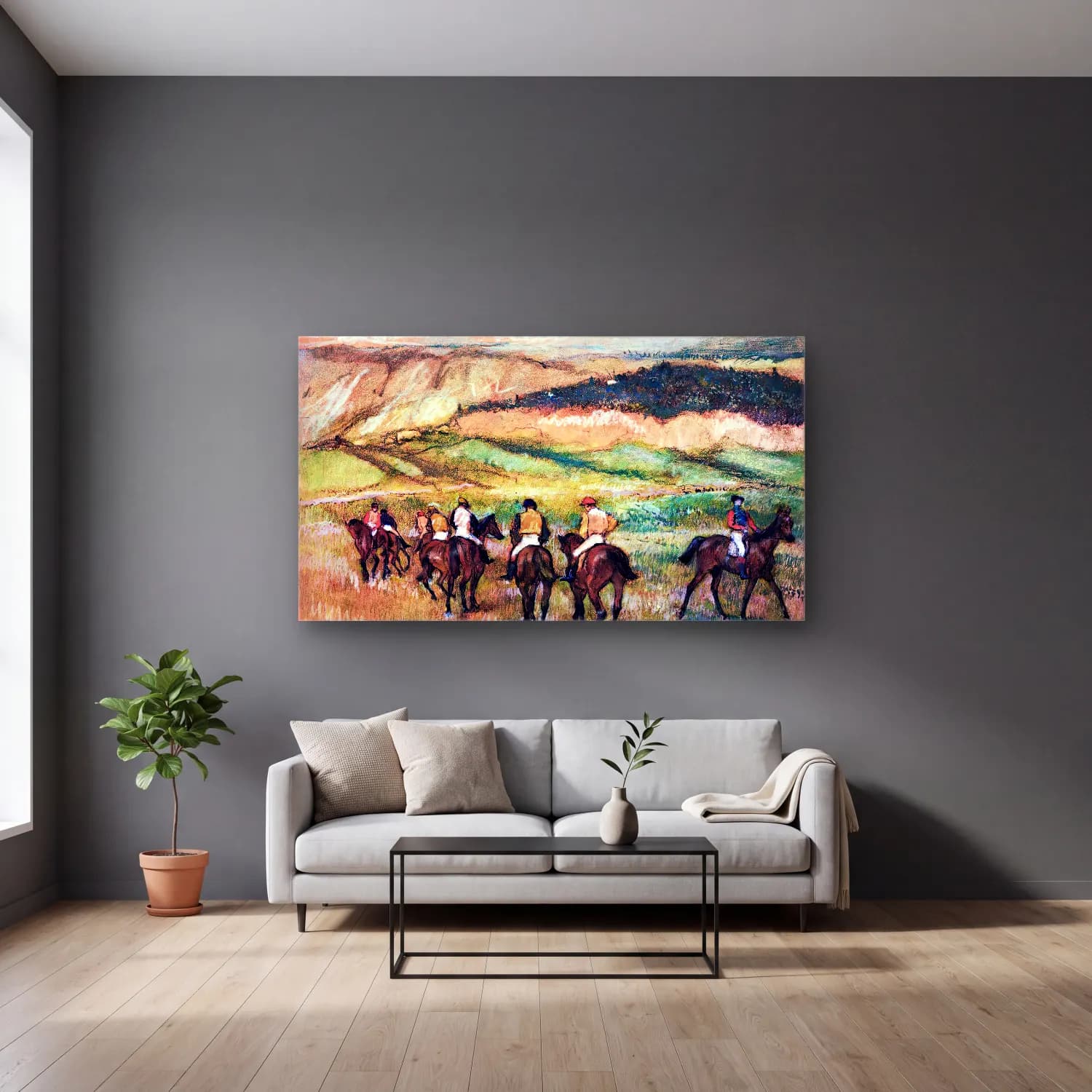 Edgar Degas – Before the Race cam tablo — gri duvarlı salonda