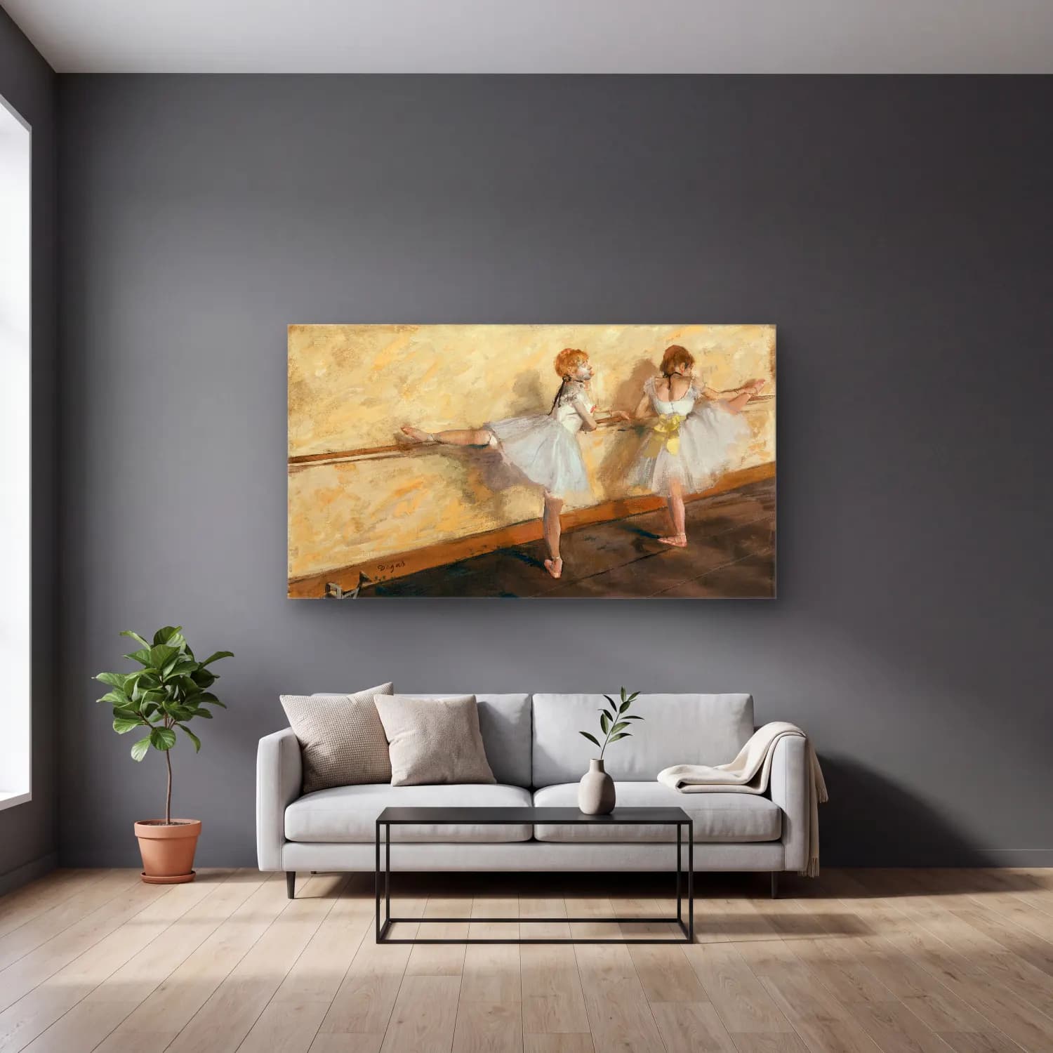 Edgar Degas – Dancer Practicing at the Barre cam tablo — gri duvarlı salonda