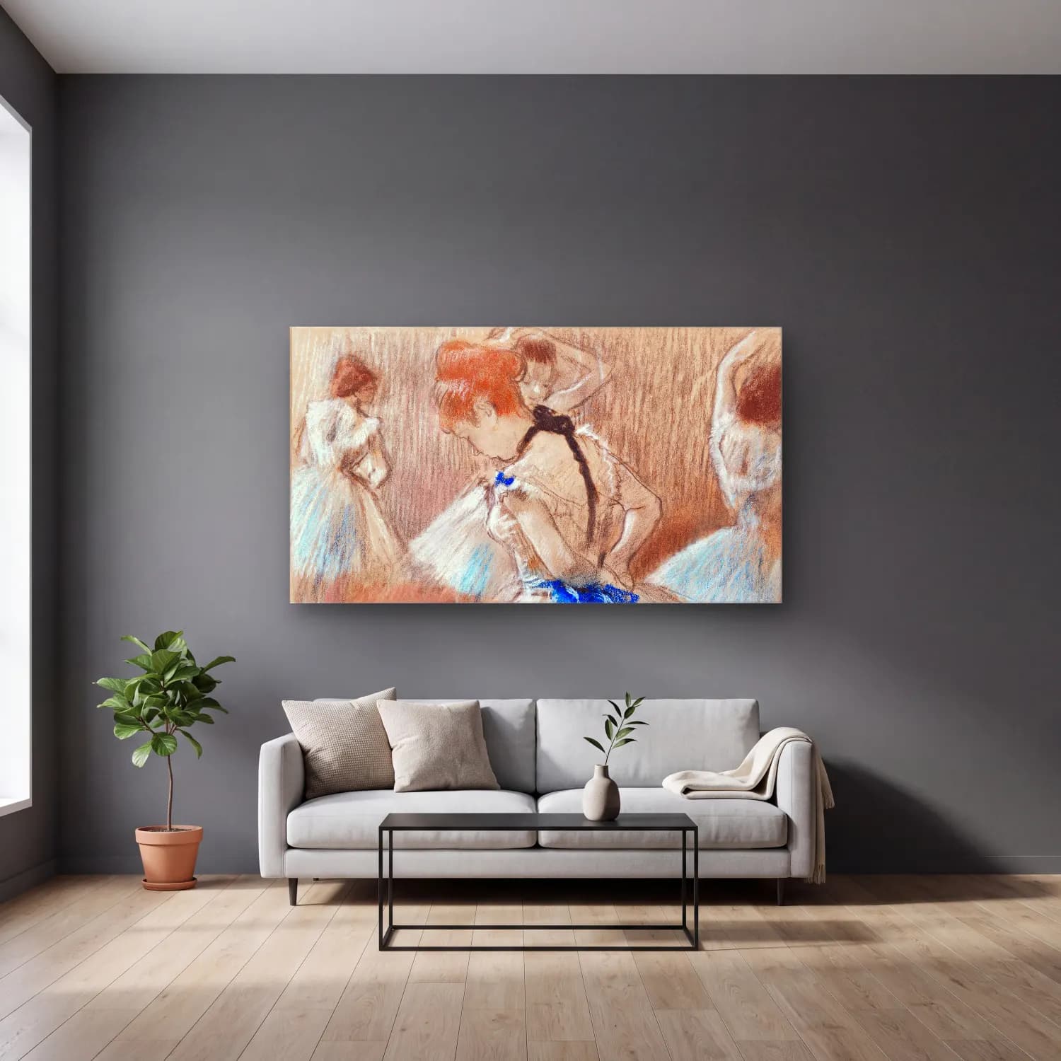 Edgar Degas – Dancer cam tablo — gri duvarlı salonda