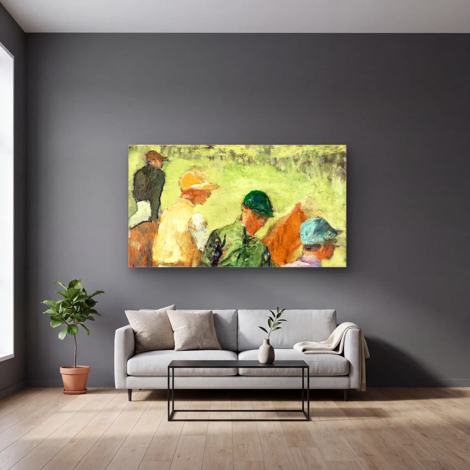 Edgar Degas – Four Jockey cam tablo — gri duvarlı salonda
