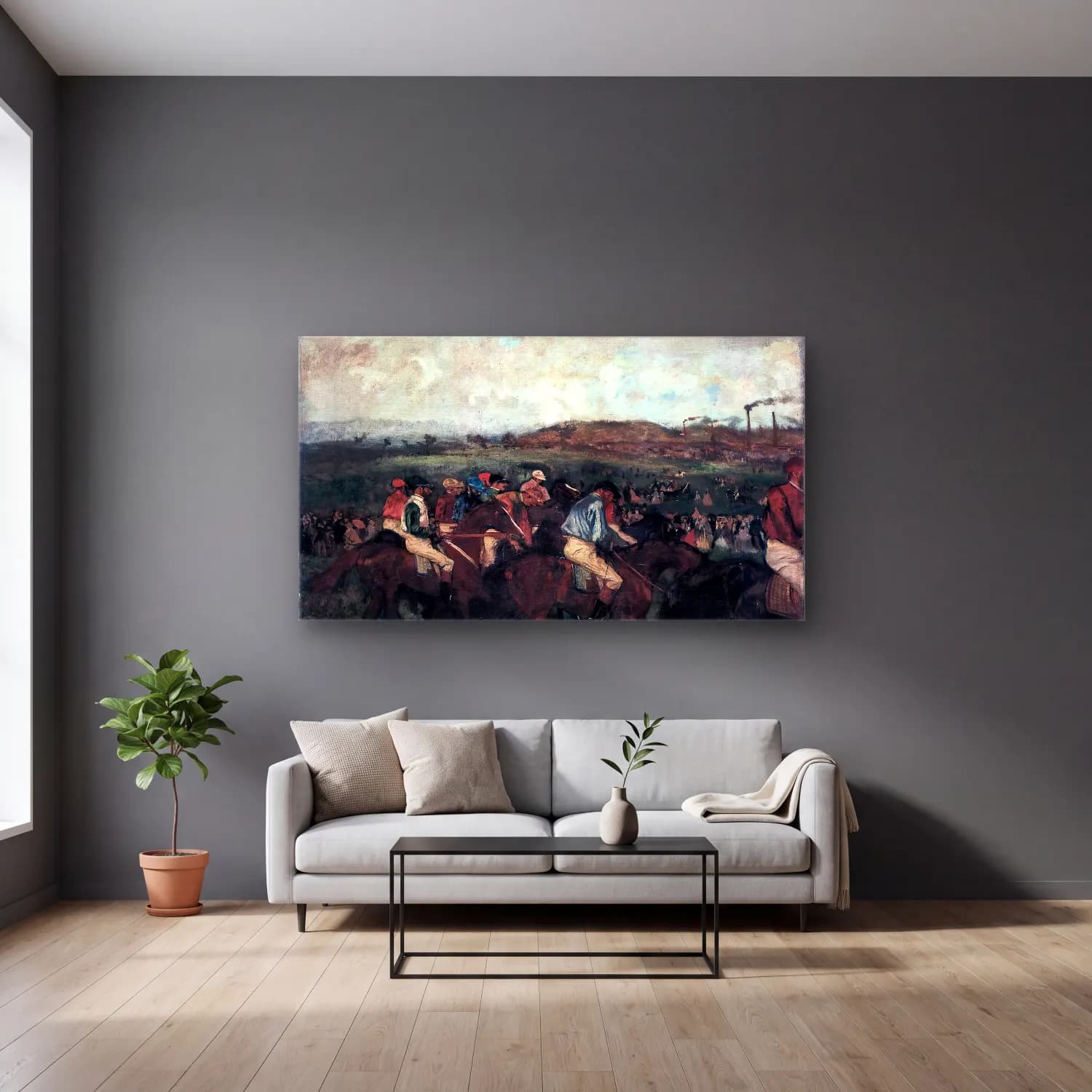 Edgar Degas – Gentlemen s Race. Before the Start cam tablo — gri duvarlı salonda