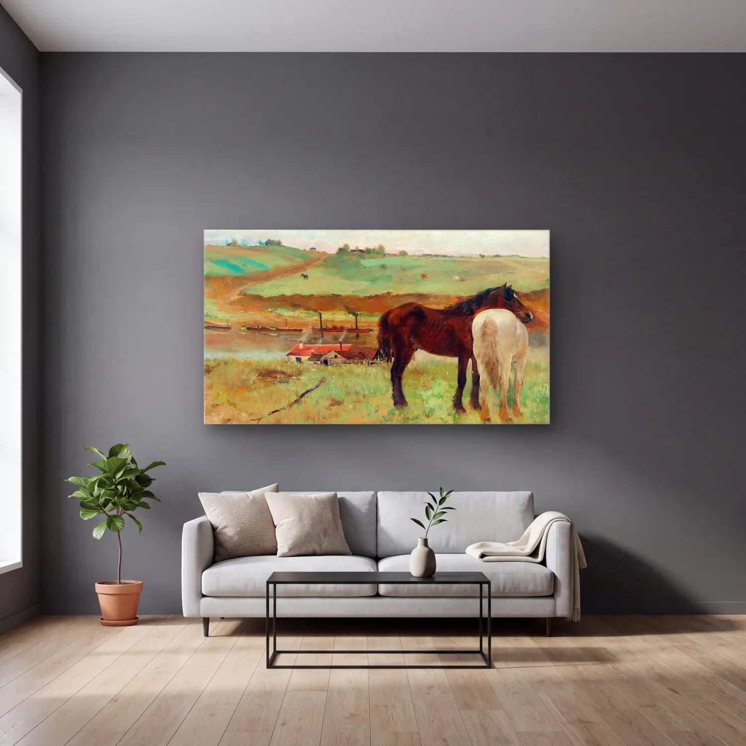 Edgar Degas – Horse in a Meadow cam tablo — gri duvarlı salonda