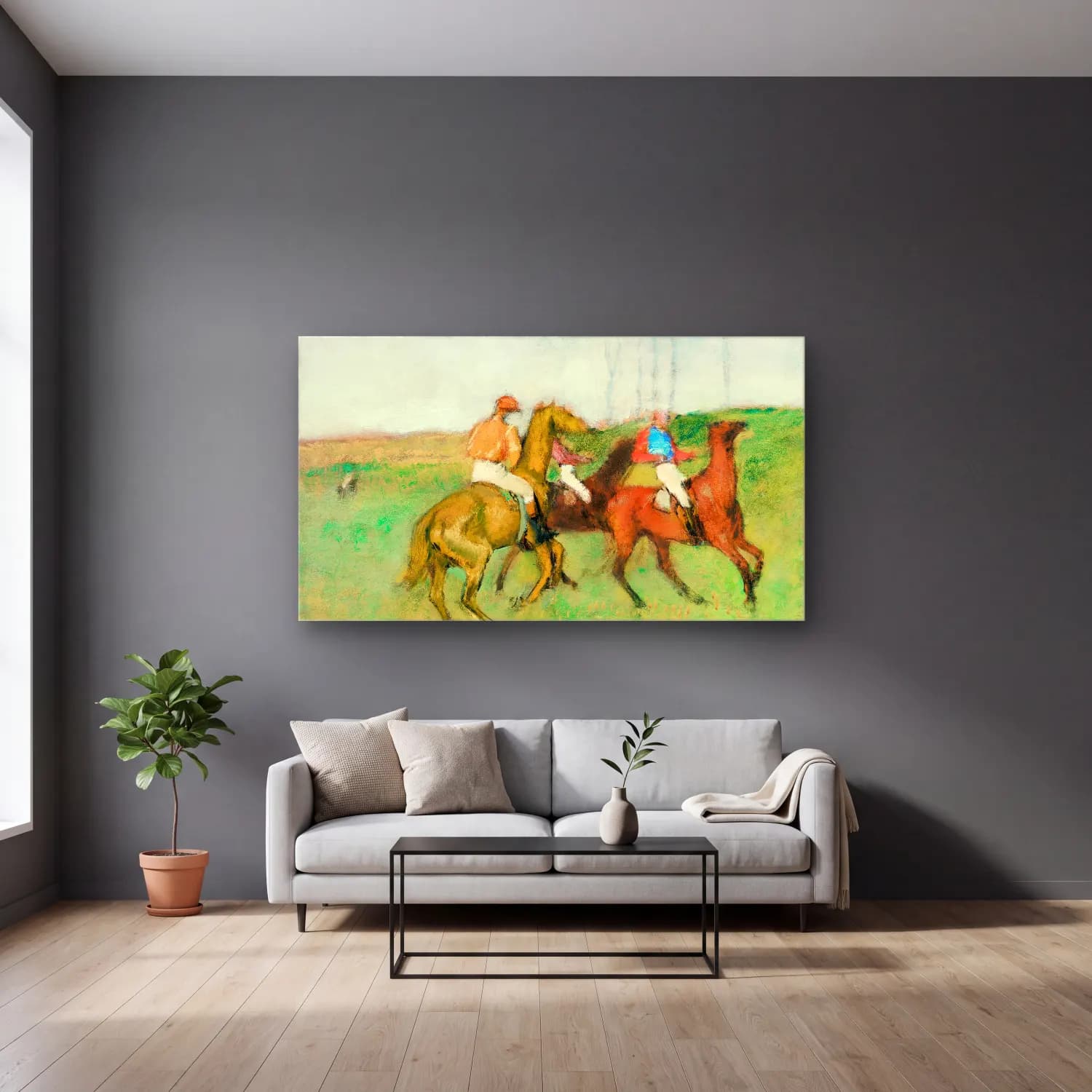 Edgar Degas – Jockeys and Race Horses cam tablo — gri duvarlı salonda