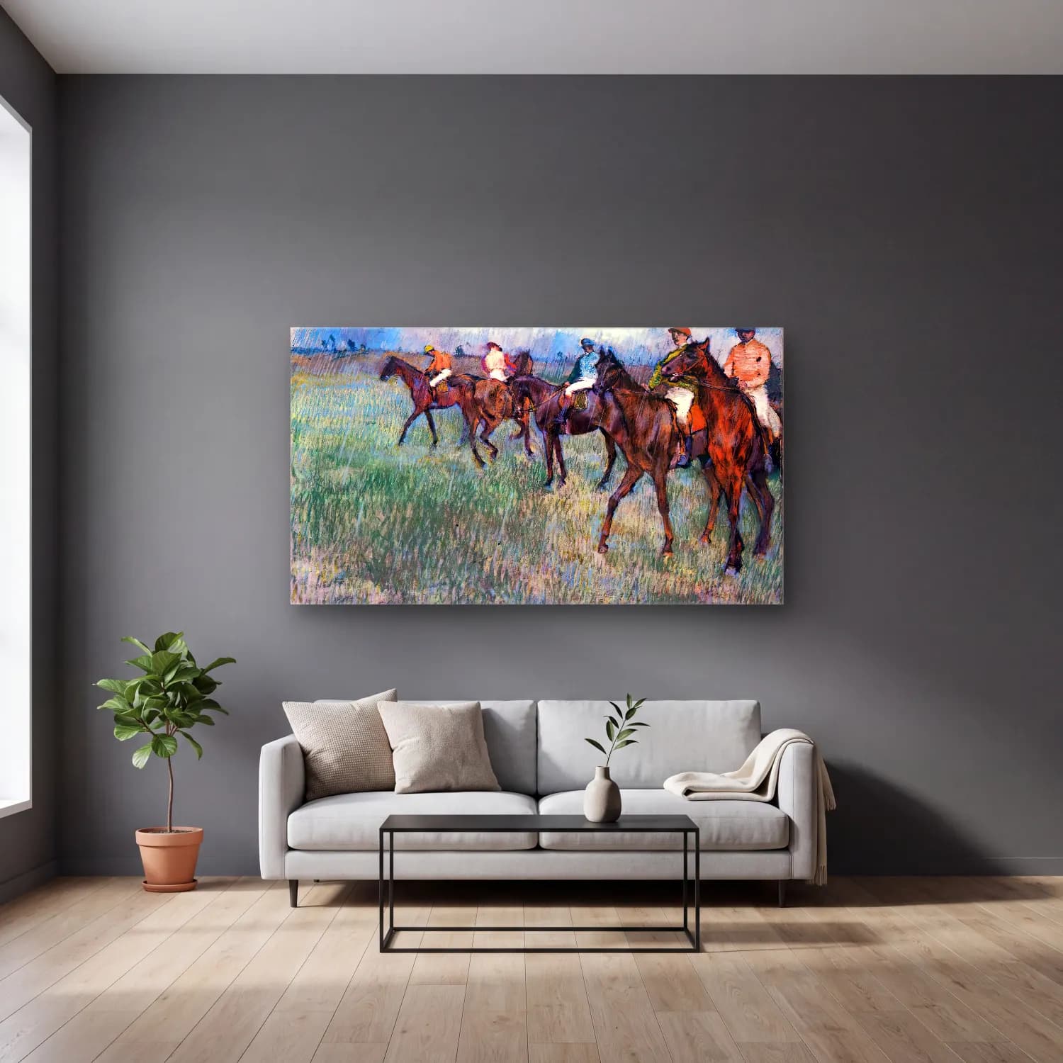 Edgar Degas – Jockeys in the Rain cam tablo — gri duvarlı salonda