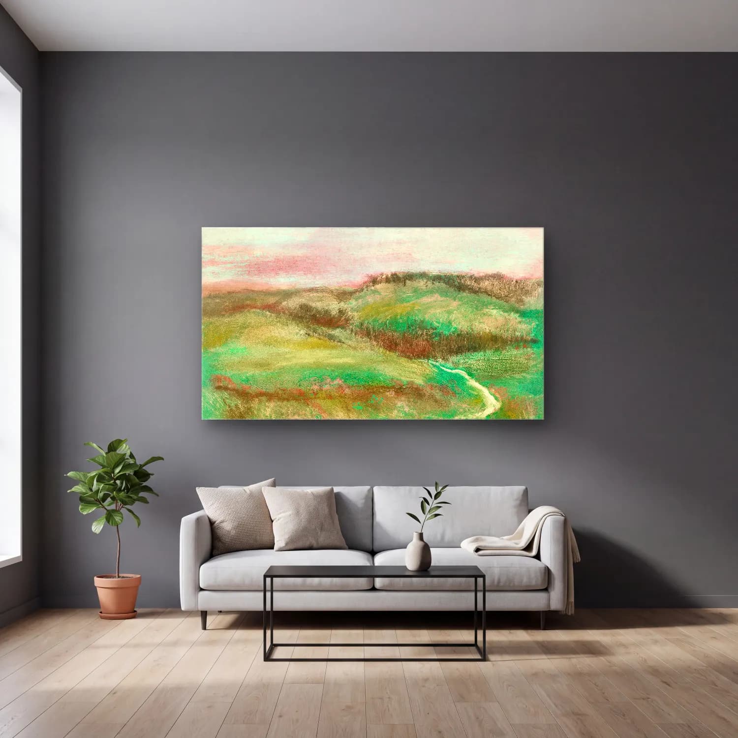 Edgar Degas – Landschaft cam tablo — gri duvarlı salonda