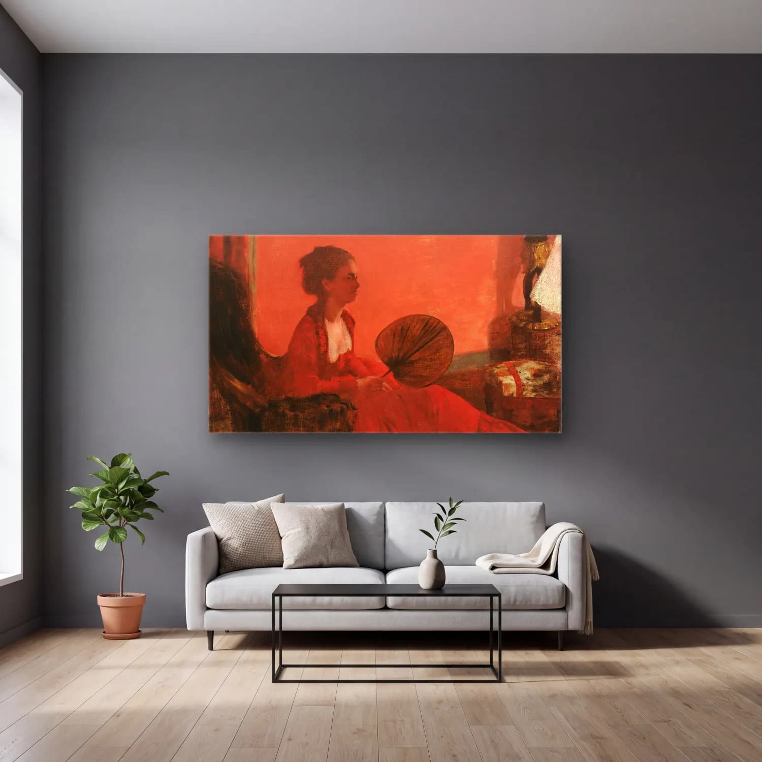 Edgar Degas – Madame Camus with a Fan cam tablo — gri duvarlı salonda