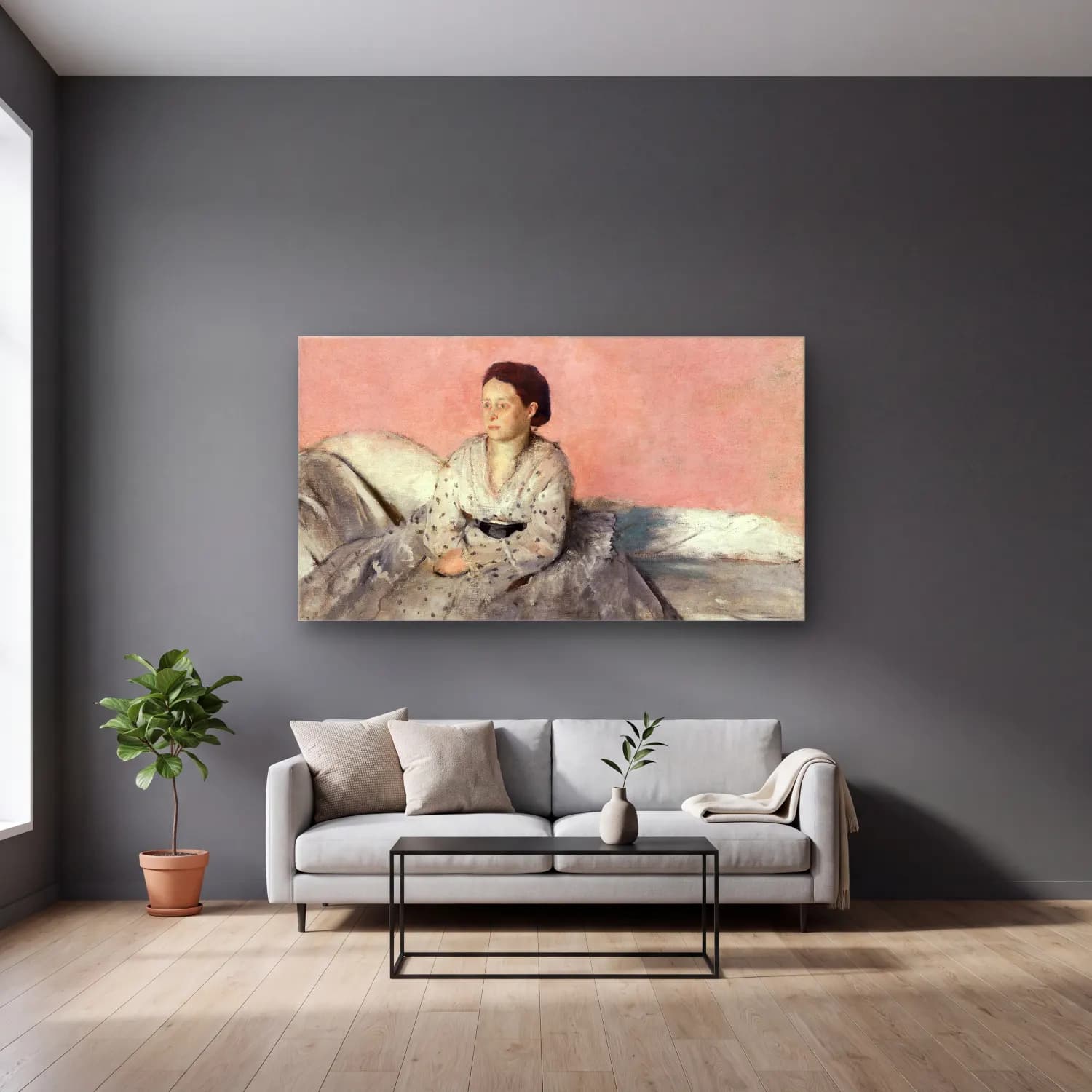 Edgar Degas – Madame René de Gas cam tablo — gri duvarlı salonda
