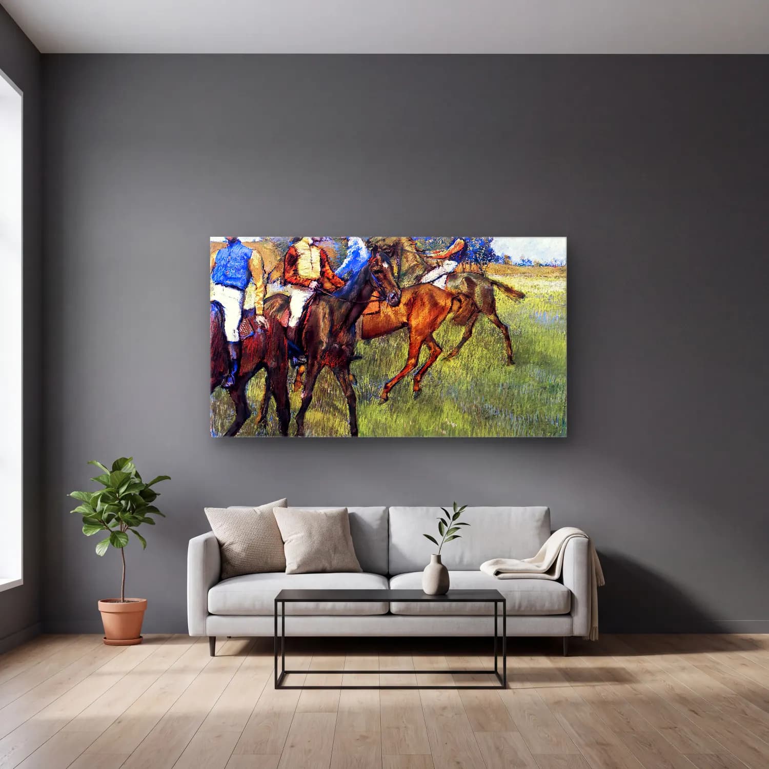 Edgar Degas – Race Horses cam tablo — gri duvarlı salonda