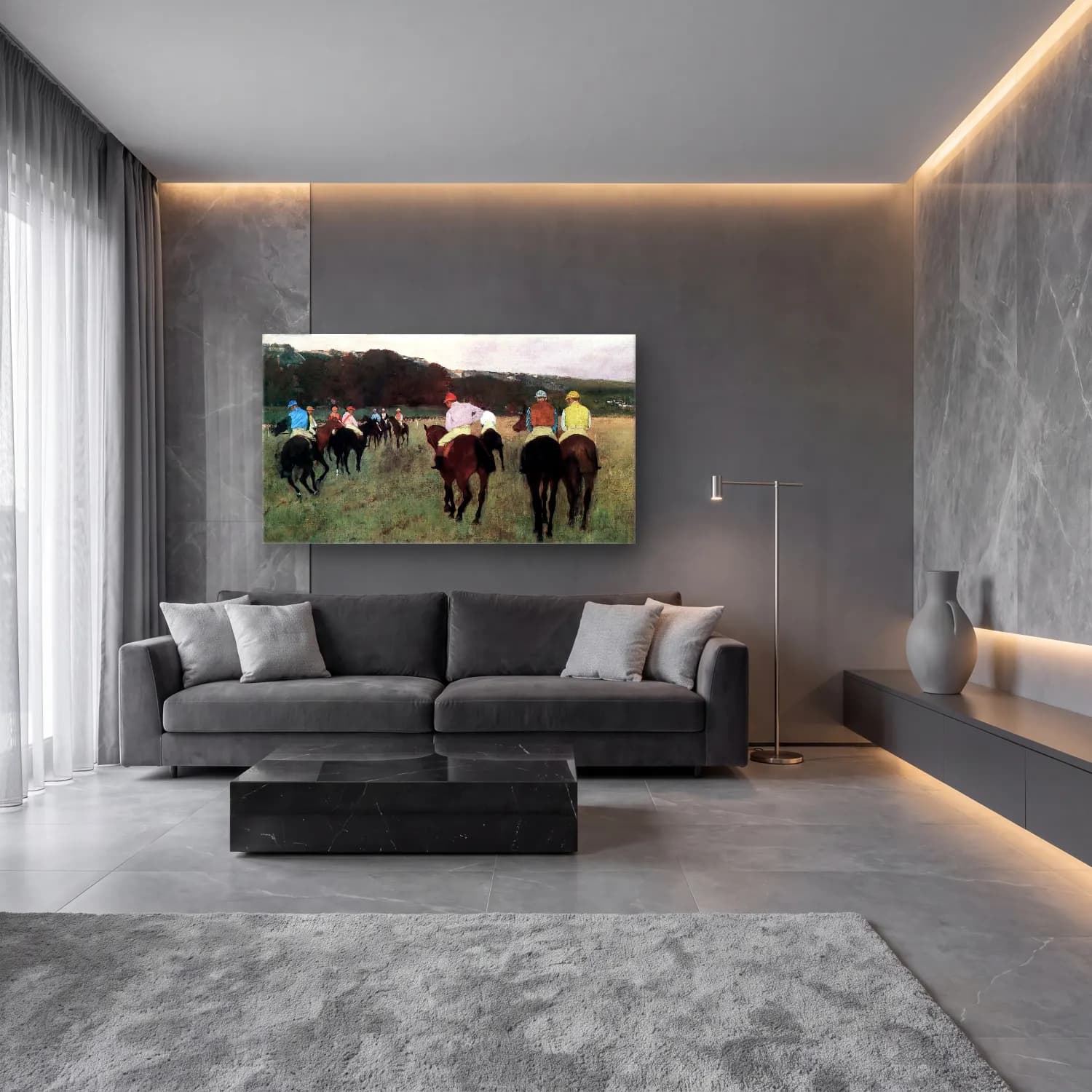Edgar Degas – Racehorses in Longchamps cam tablo — lüks salon duvarında
