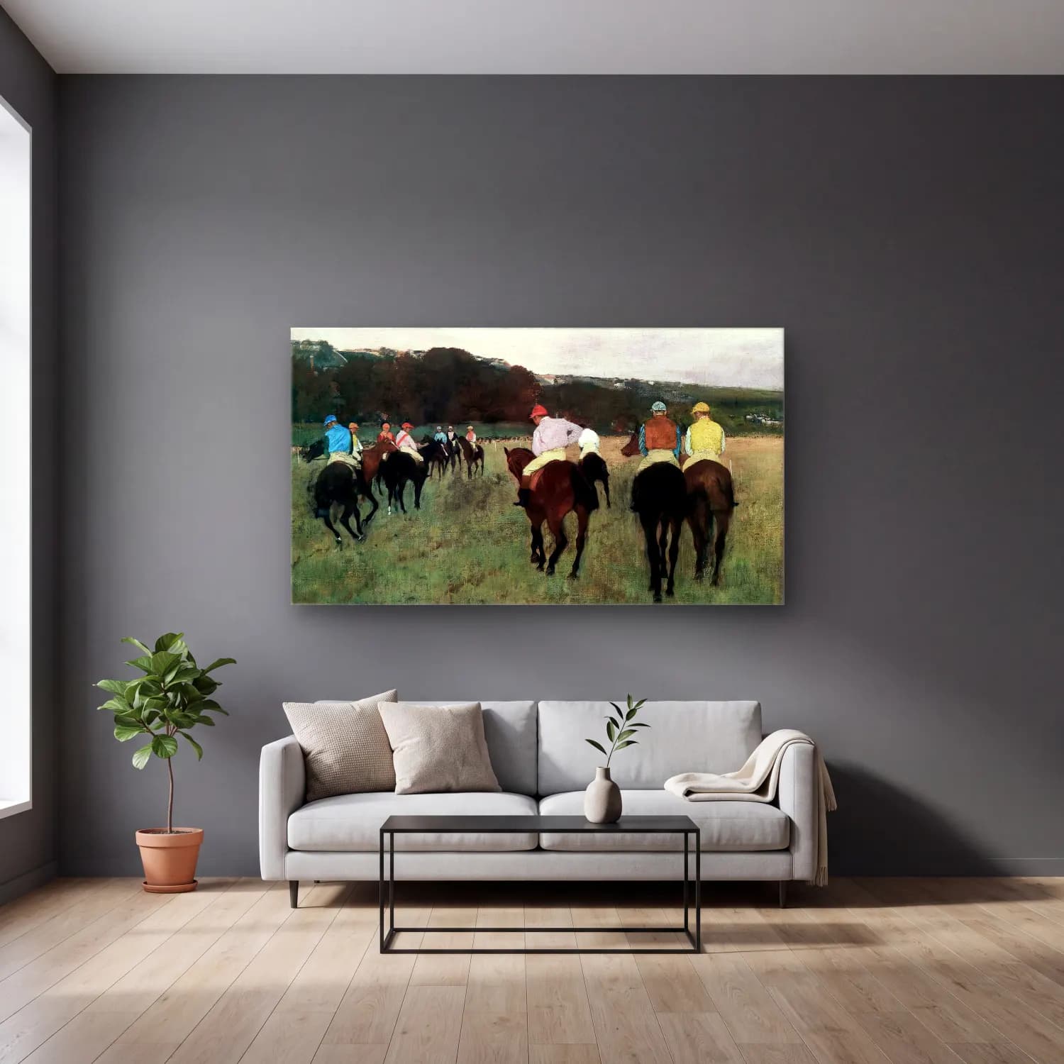 Edgar Degas – Racehorses in Longchamps cam tablo — gri duvarlı salonda