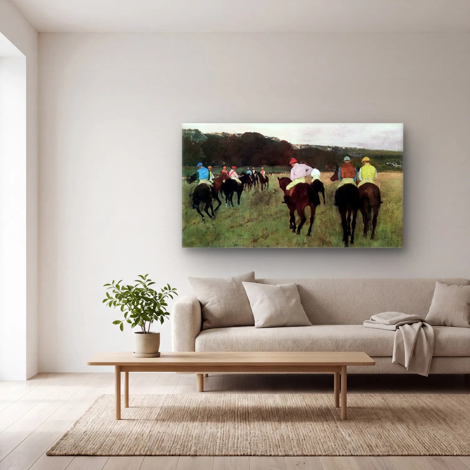 Edgar Degas – Racehorses in Longchamps cam tablo — açık renk salonda