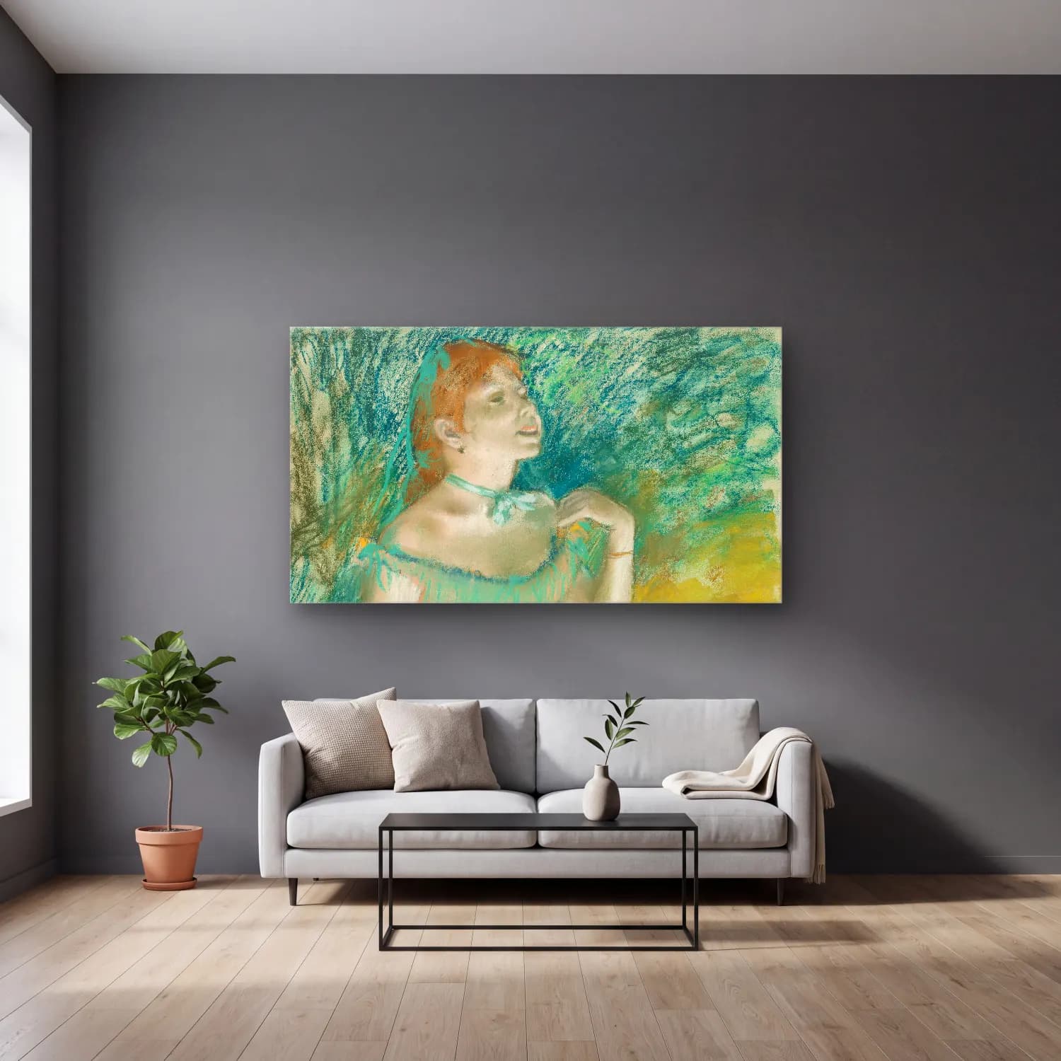 Edgar Degas – Singer in Green cam tablo — gri duvarlı salonda