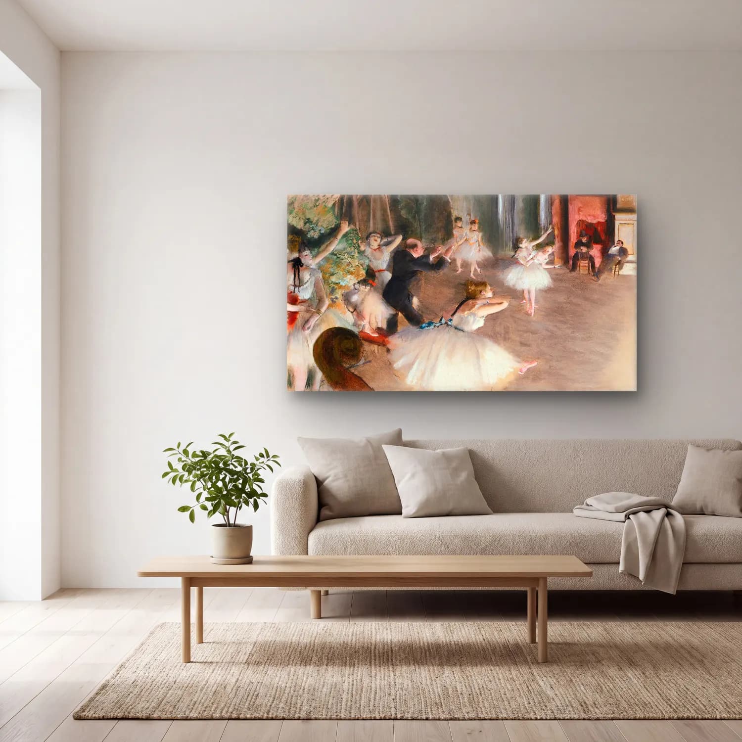 Edgar Degas – The Ballet Rehearsal on Stage cam tablo — açık renk salonda