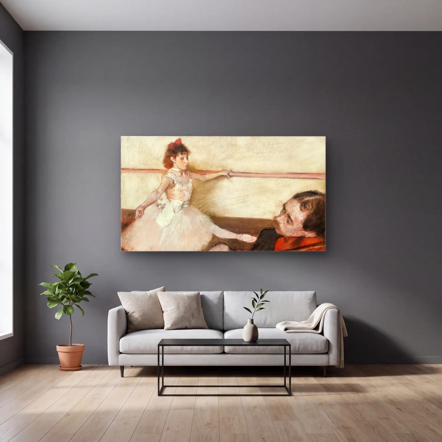 Edgar Degas – The Dance Lesson cam tablo — gri duvarlı salonda