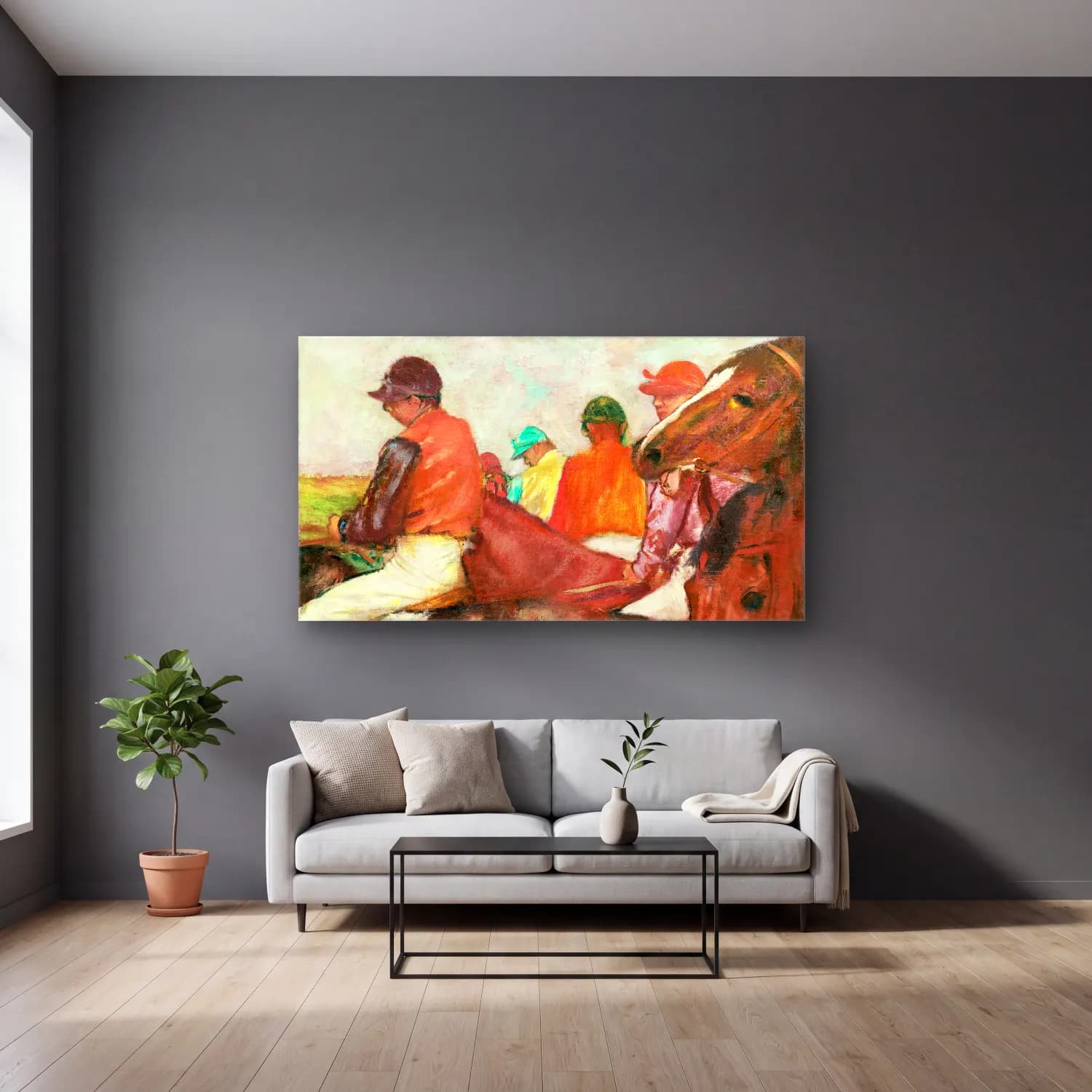Edgar Degas – The Jockeys cam tablo — gri duvarlı salonda