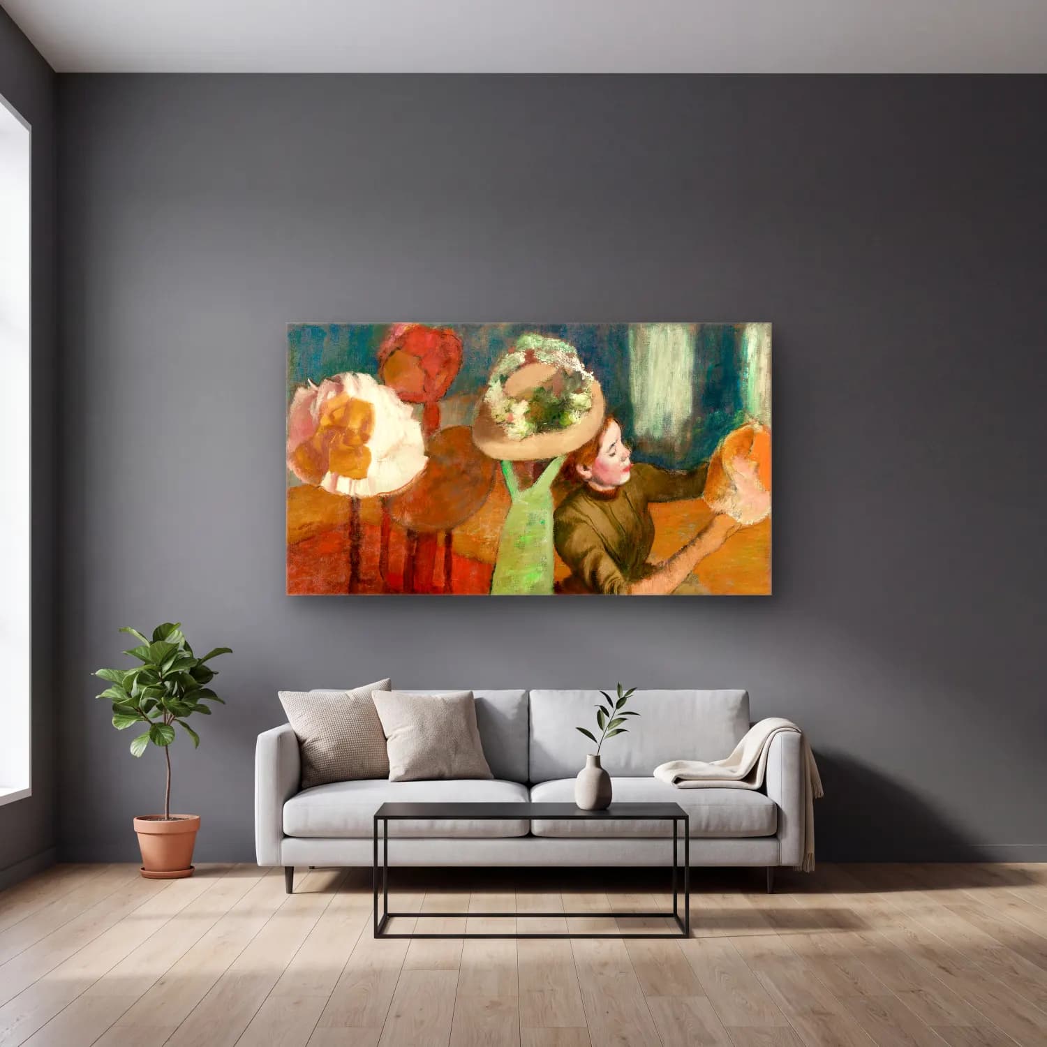 Edgar Degas – The Millinery Shop cam tablo — gri duvarlı salonda