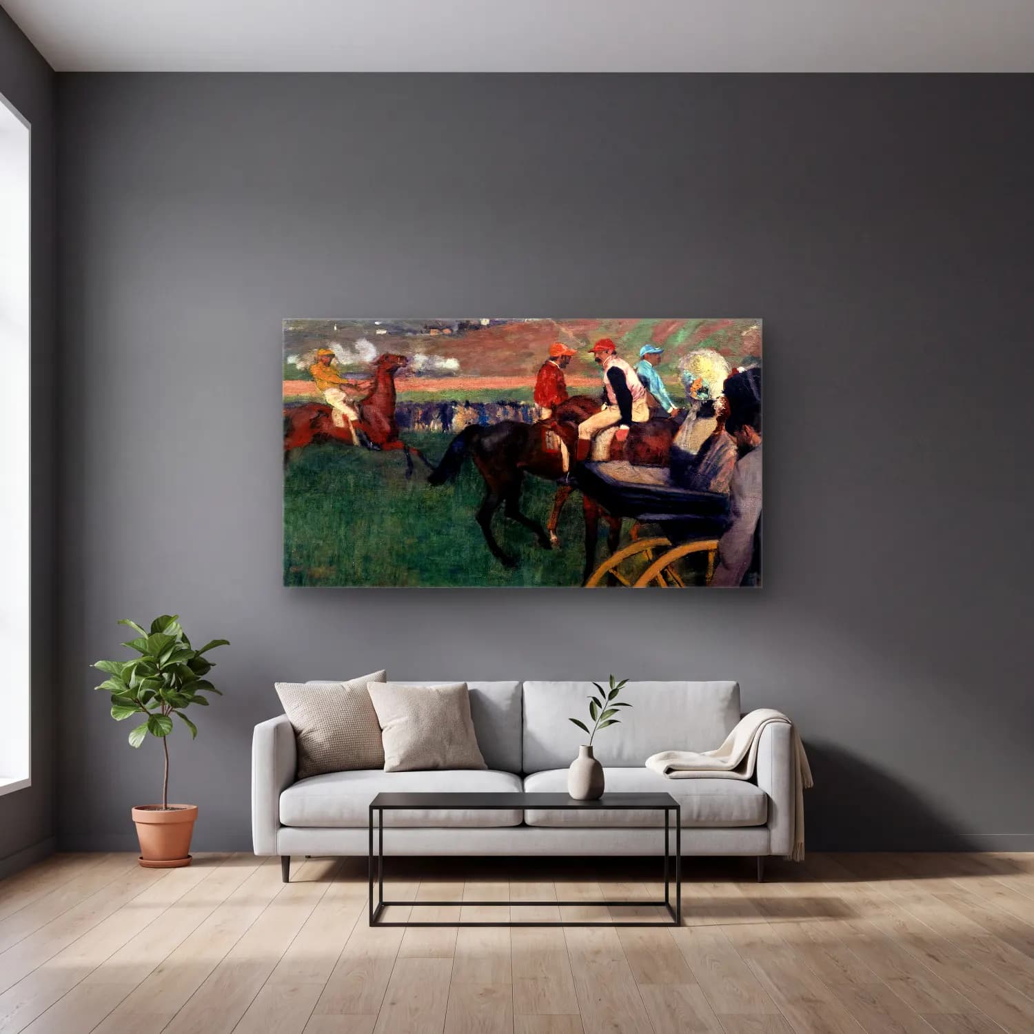 Edgar Degas – The Race Track. Amateur Jockeys by a Carriage cam tablo — gri duvarlı salonda