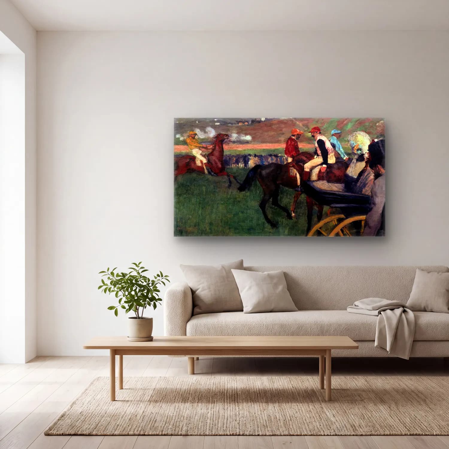 Edgar Degas – The Race Track. Amateur Jockeys by a Carriage cam tablo — açık renk salonda