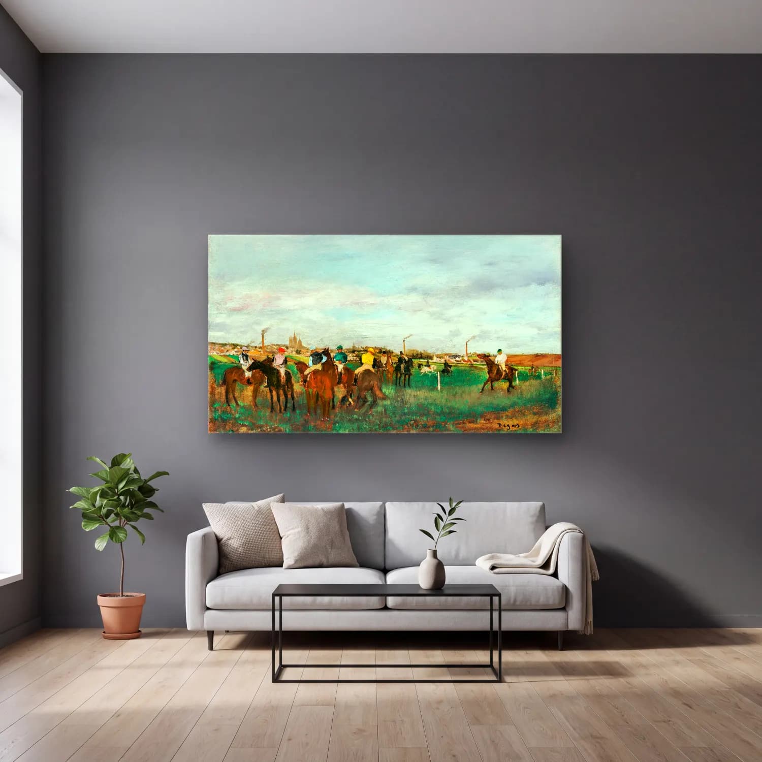 Edgar Degas – The Races cam tablo — gri duvarlı salonda