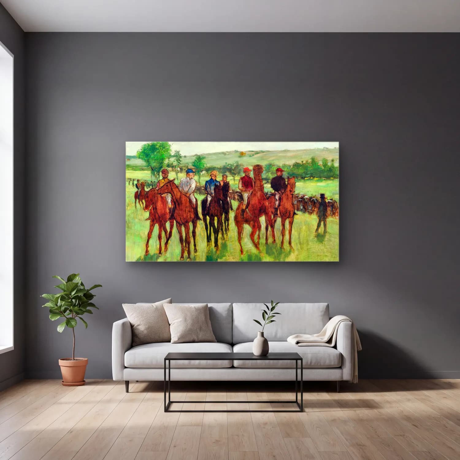 Edgar Degas – The Riders cam tablo — gri duvarlı salonda