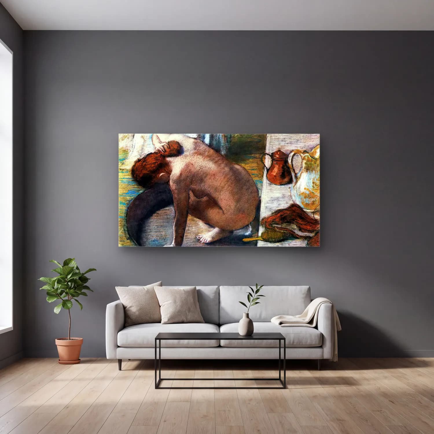 Edgar Degas – The Tub cam tablo — gri duvarlı salonda