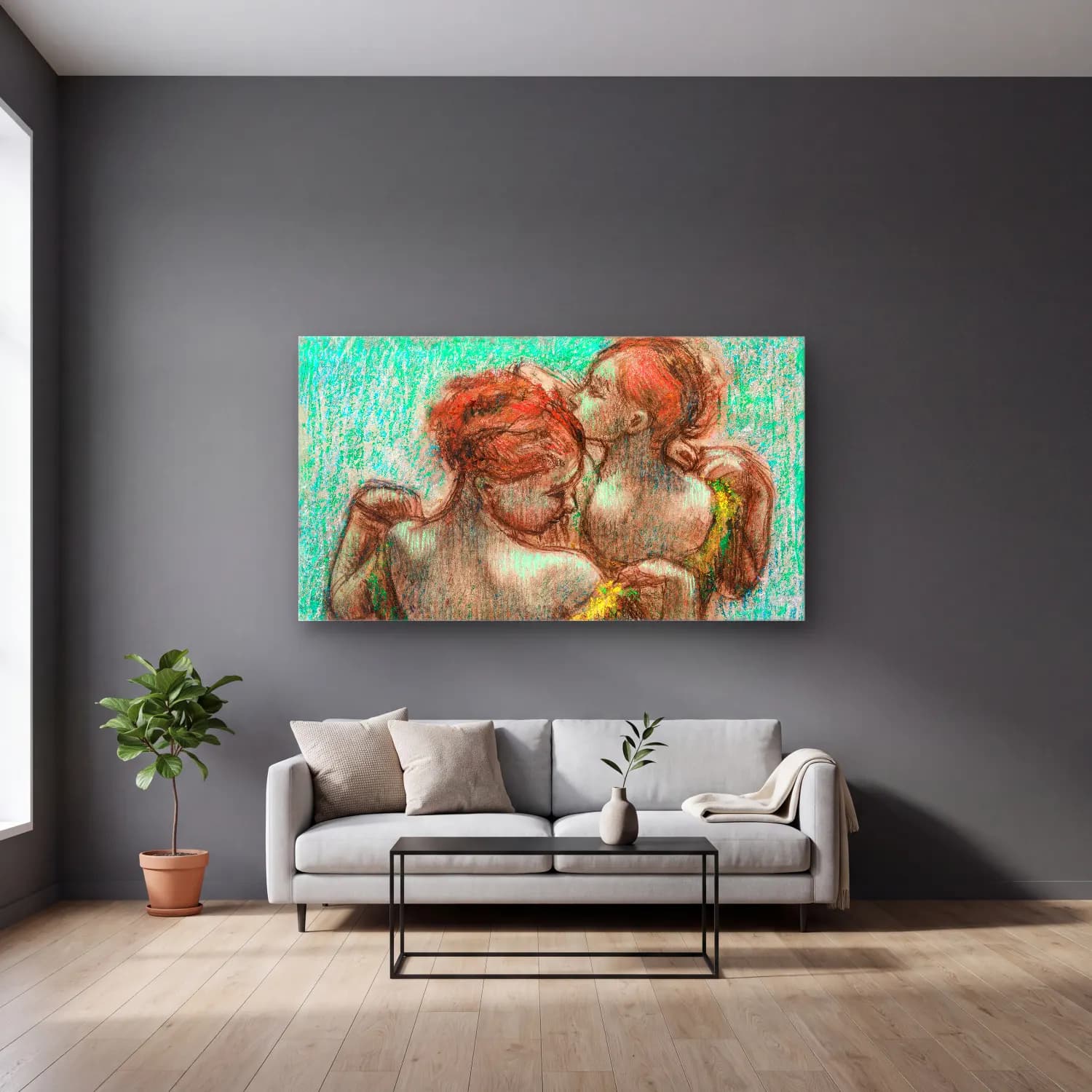 Edgar Degas – Two Dancers Half Length cam tablo — gri duvarlı salonda