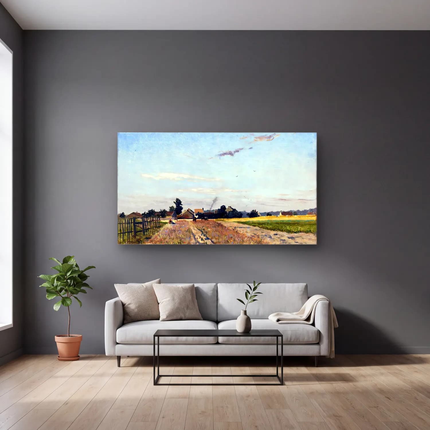 Hippolyte-Camille Delpy – Fields at the Edge of the Village, Bois-le-Roi cam tablo — gri duvarlı salonda