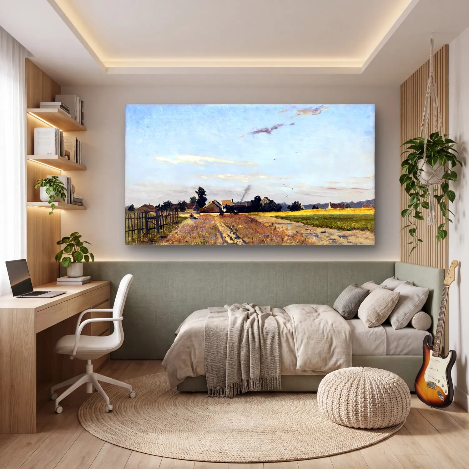 Hippolyte-Camille Delpy – Fields at the Edge of the Village, Bois-le-Roi cam tablo — genç odasında