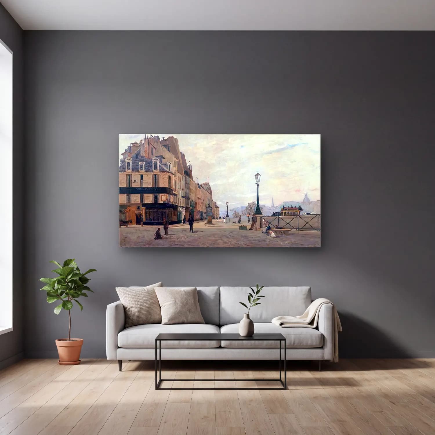 Hippolyte-Camille Delpy – The Pont Neuf and the Quai des Orfèvres, from the Place du… cam tablo — gri duvarlı salonda