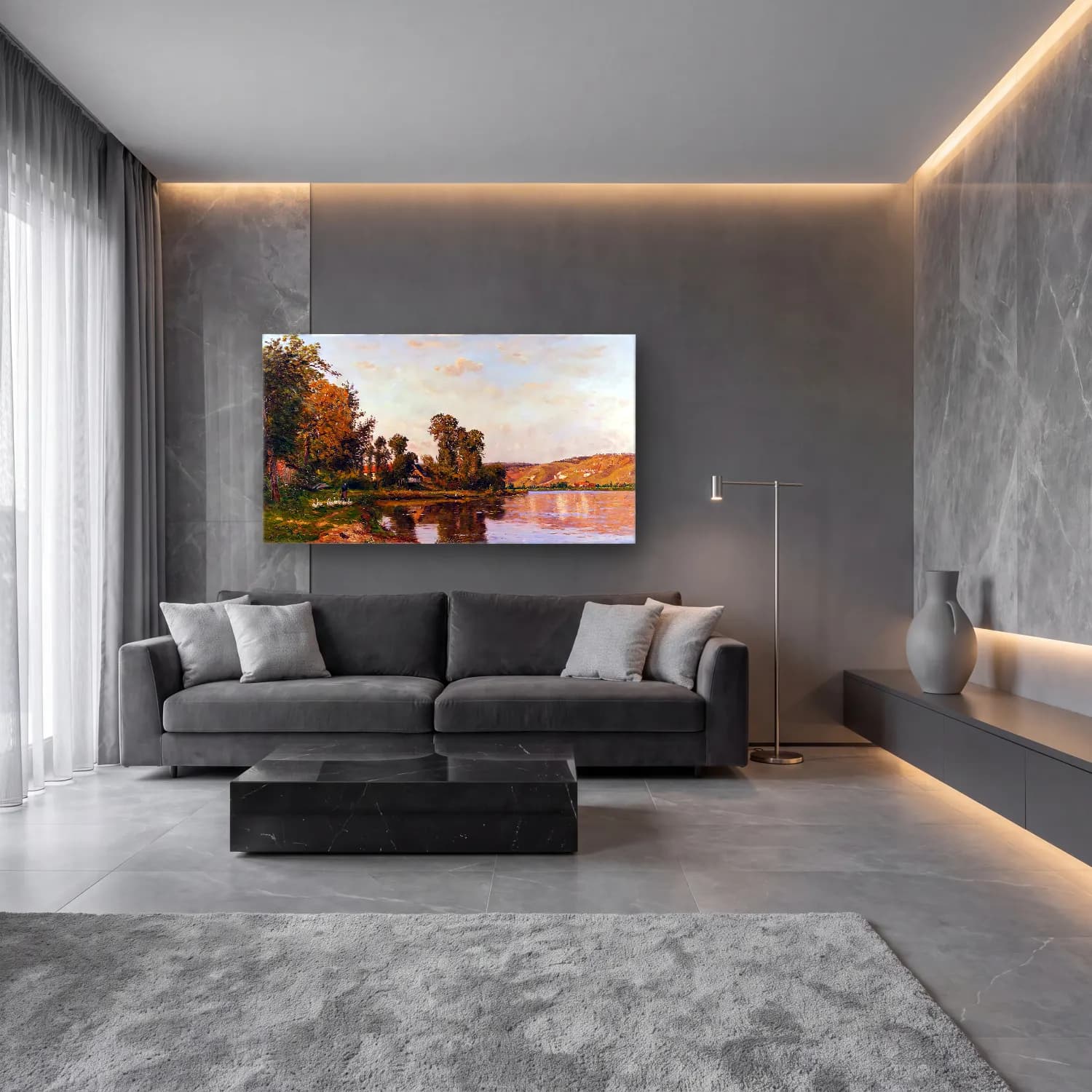 Hippolyte-Camille Delpy – The River at Pont-sur-Yvonne cam tablo — lüks salon duvarında