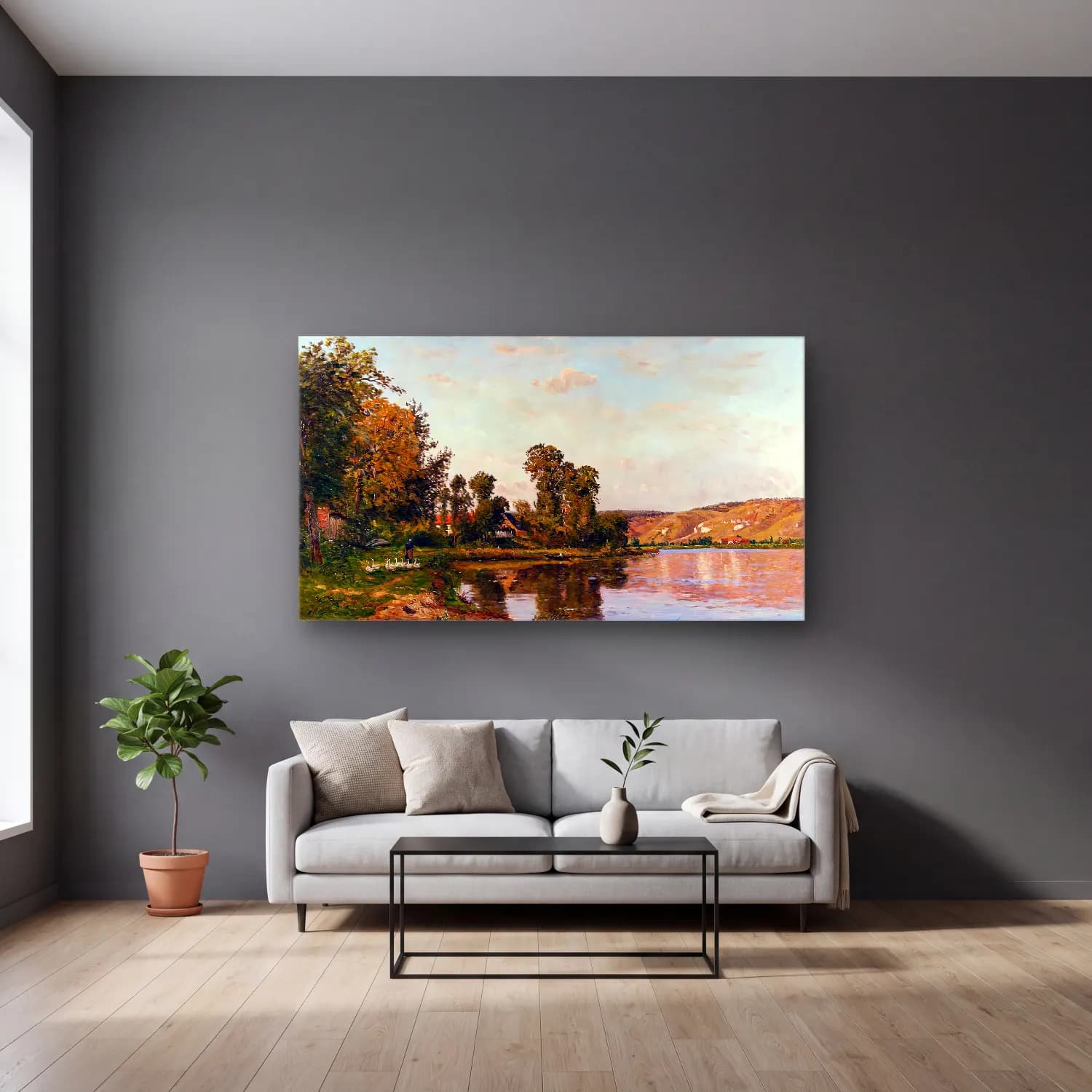 Hippolyte-Camille Delpy – The River at Pont-sur-Yvonne cam tablo — gri duvarlı salonda