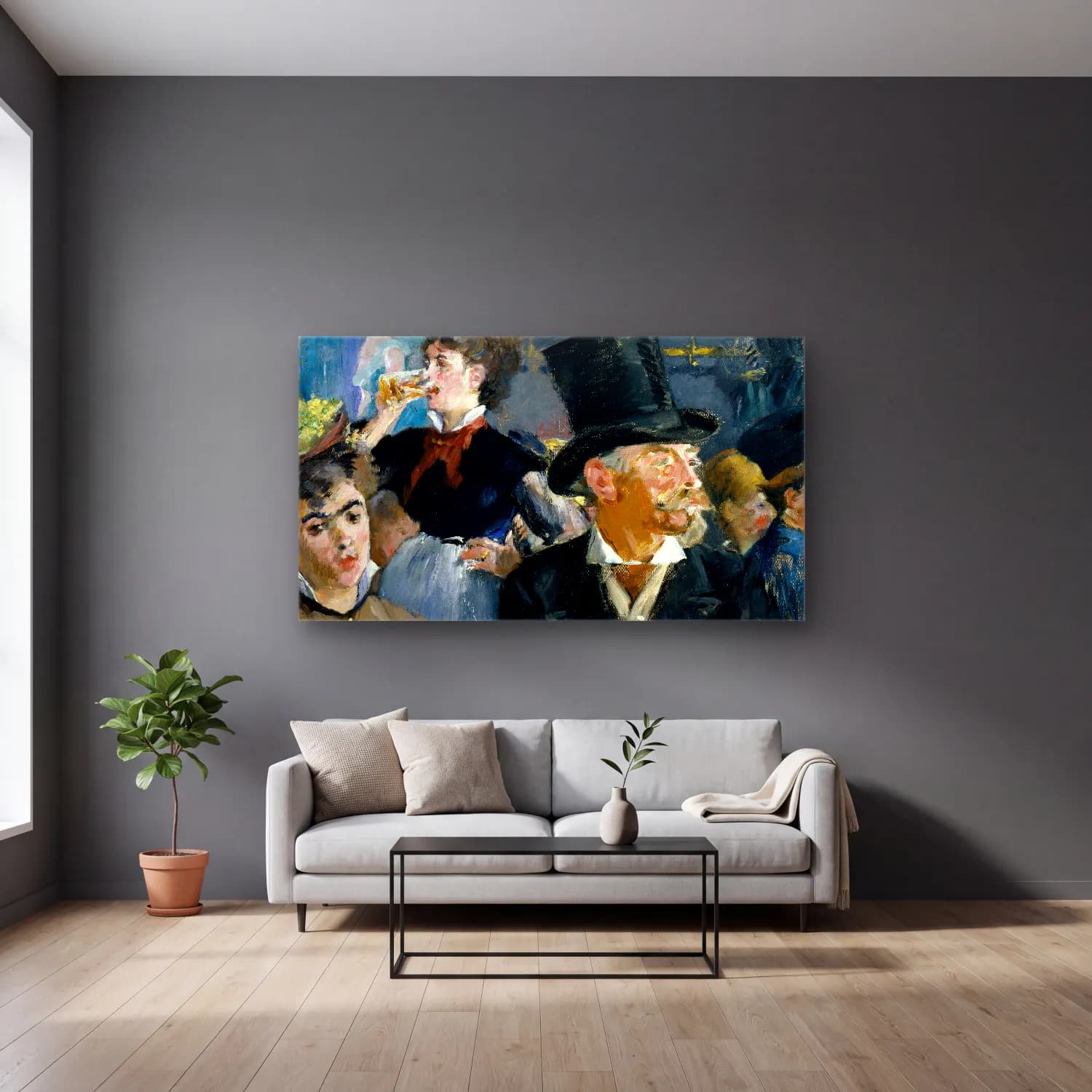Edouard Manet – At the Café-Edouard Manet cam tablo — gri duvarlı salonda