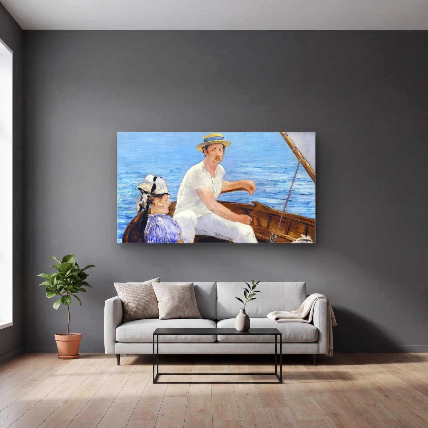 Edouard Manet – Boating cam tablo — gri duvarlı salonda