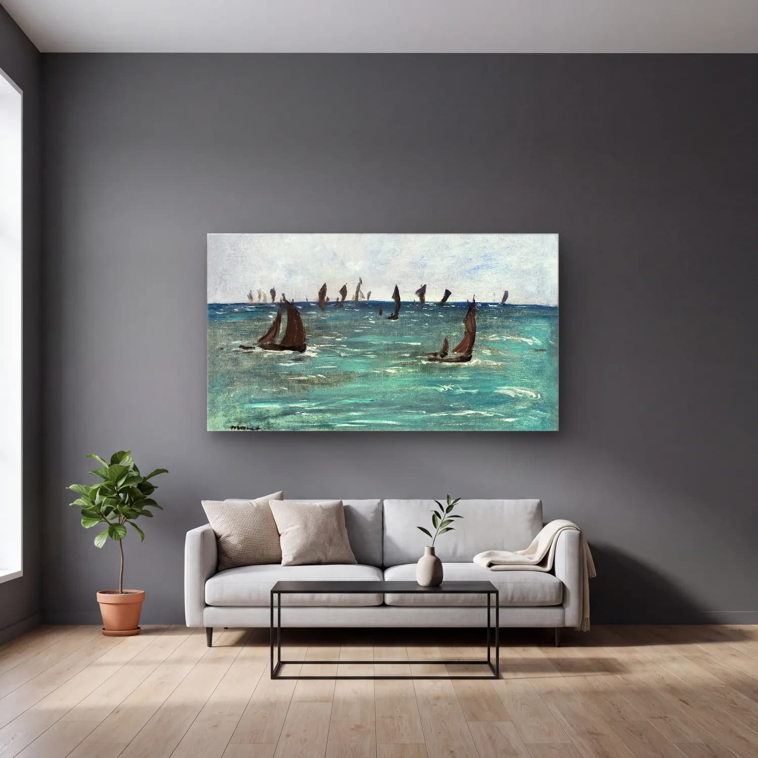 Edouard Manet – Boats at Berck-sur-Mer cam tablo — gri duvarlı salonda