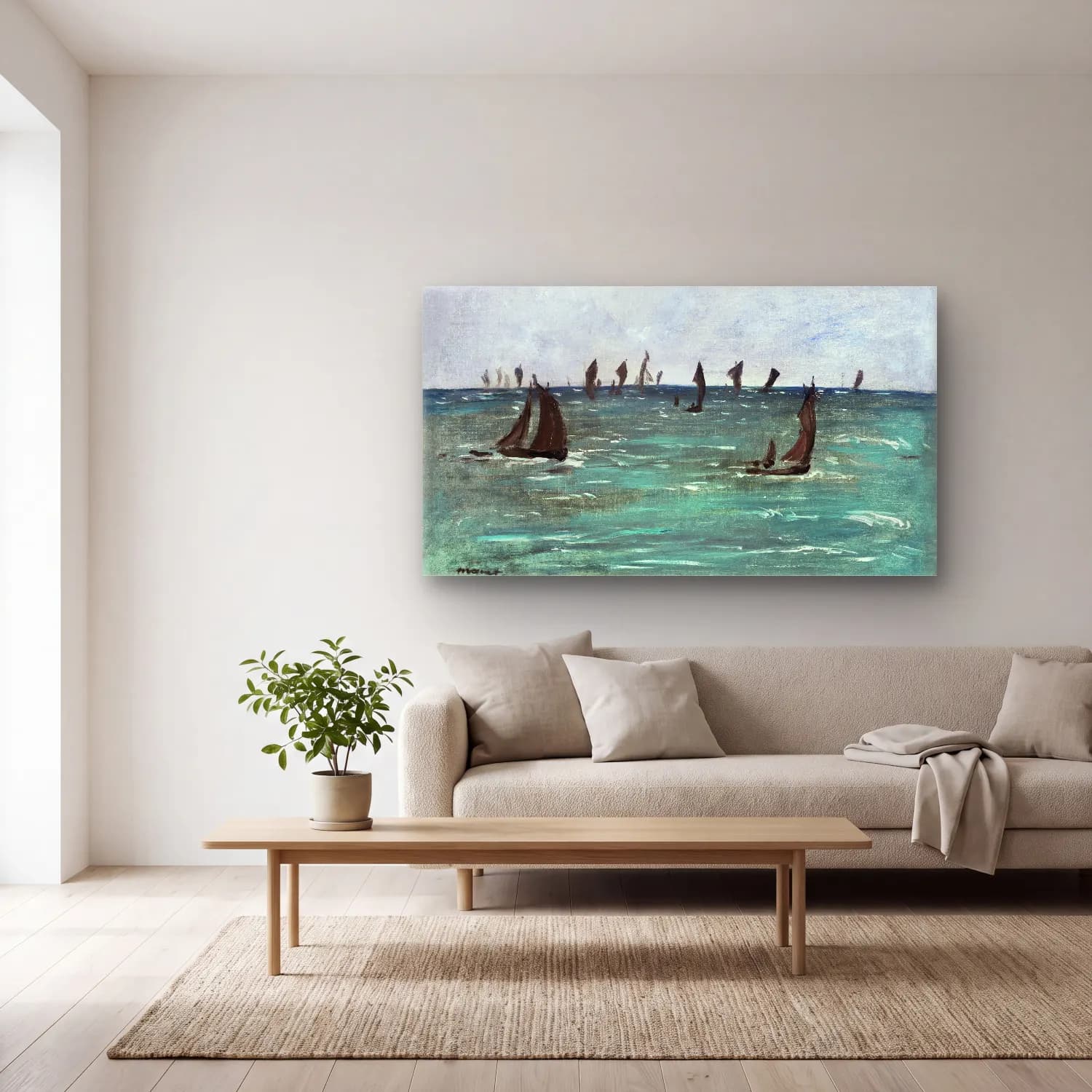 Edouard Manet – Boats at Berck-sur-Mer cam tablo — açık renk salonda