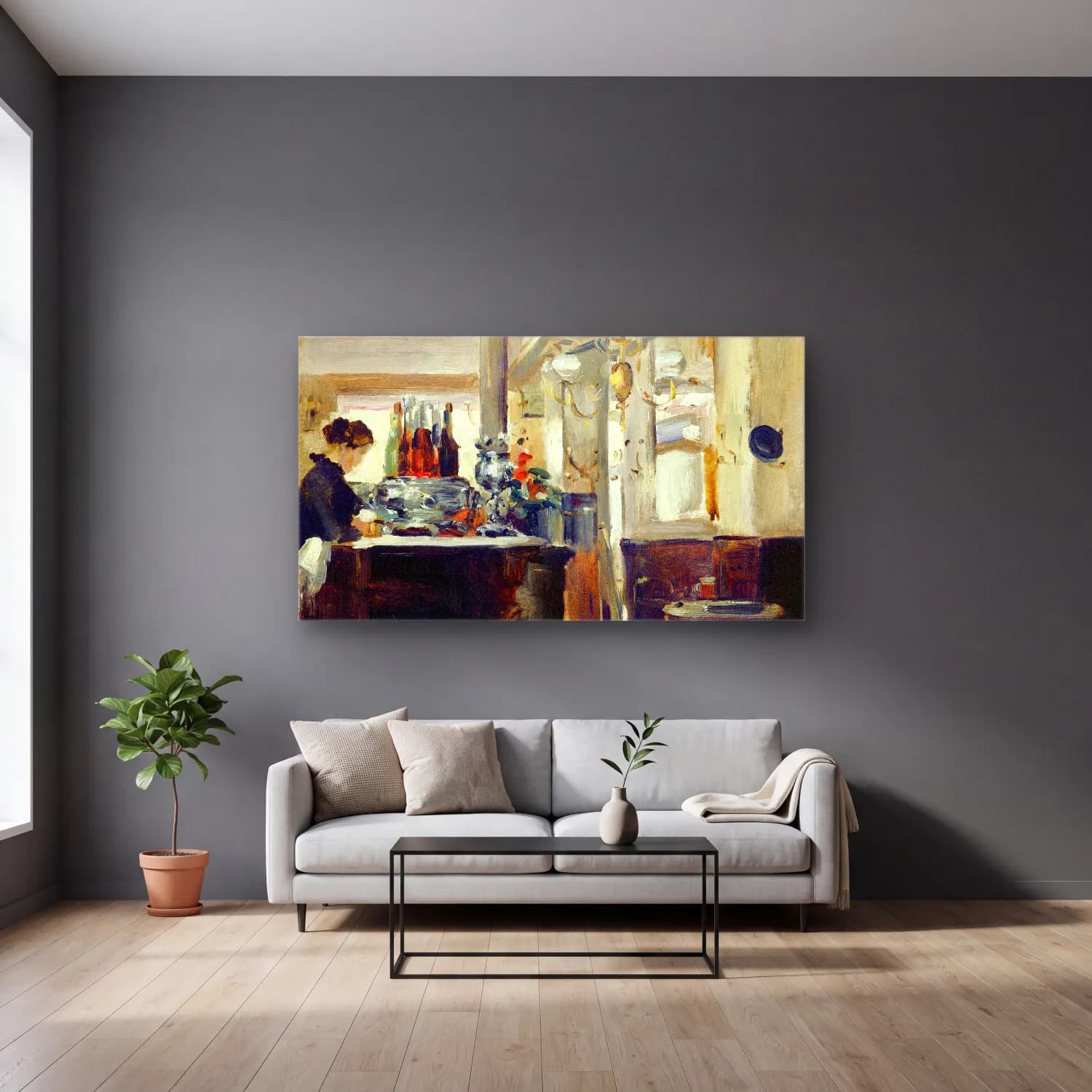 Edouard Manet – Bon Bock Cafe cam tablo — gri duvarlı salonda