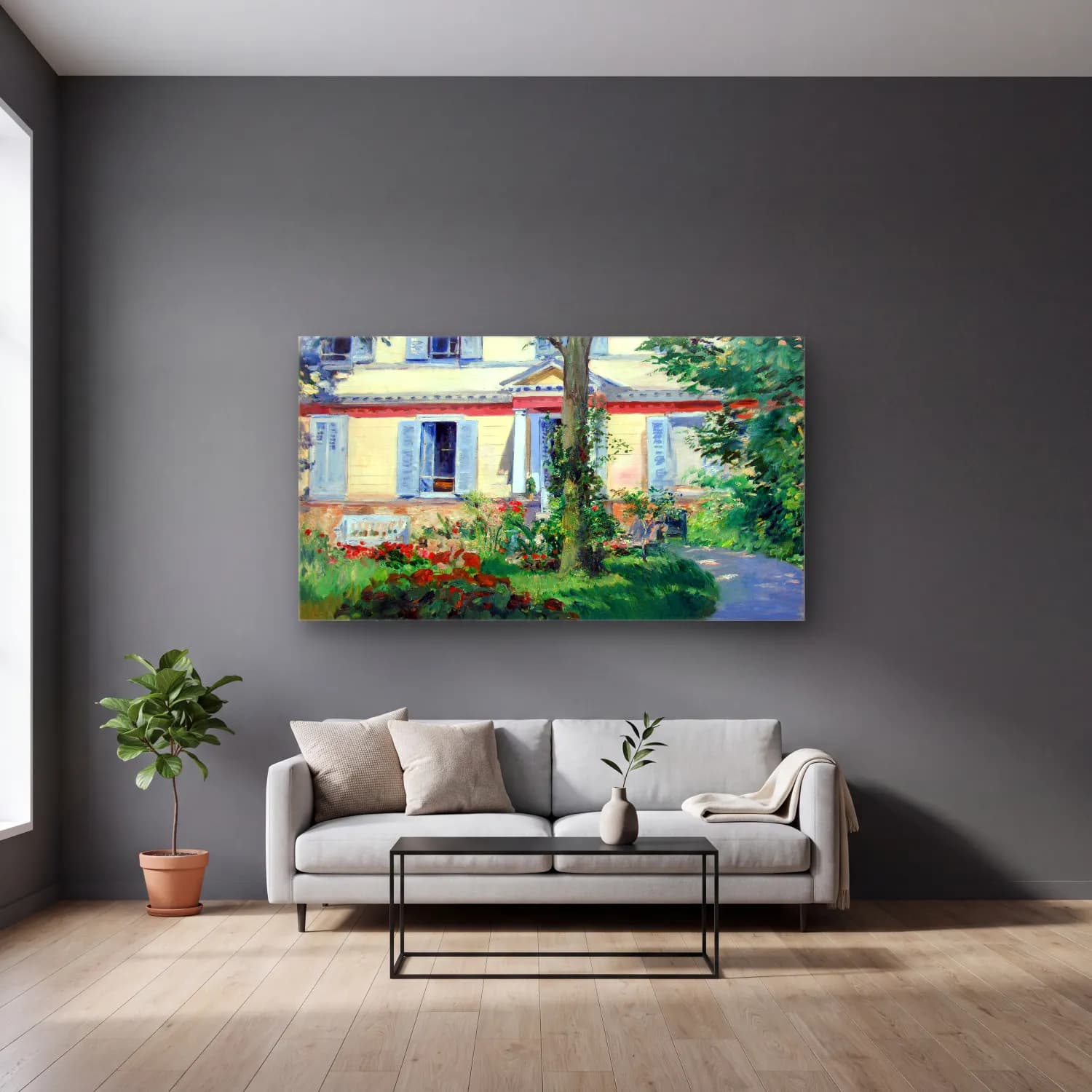 Edouard Manet – Country house in Rueil cam tablo — gri duvarlı salonda