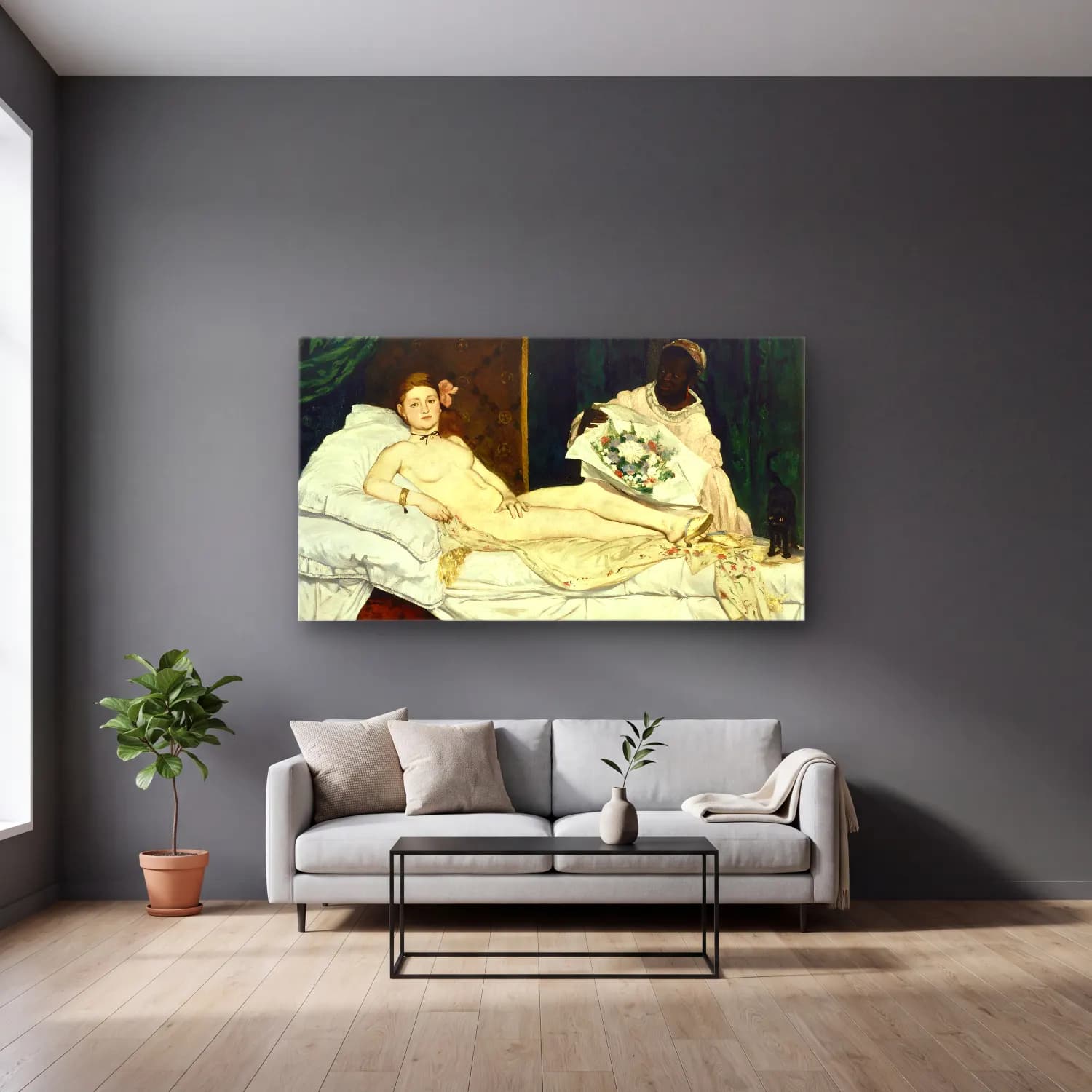 Edouard Manet – Olympia cam tablo — gri duvarlı salonda