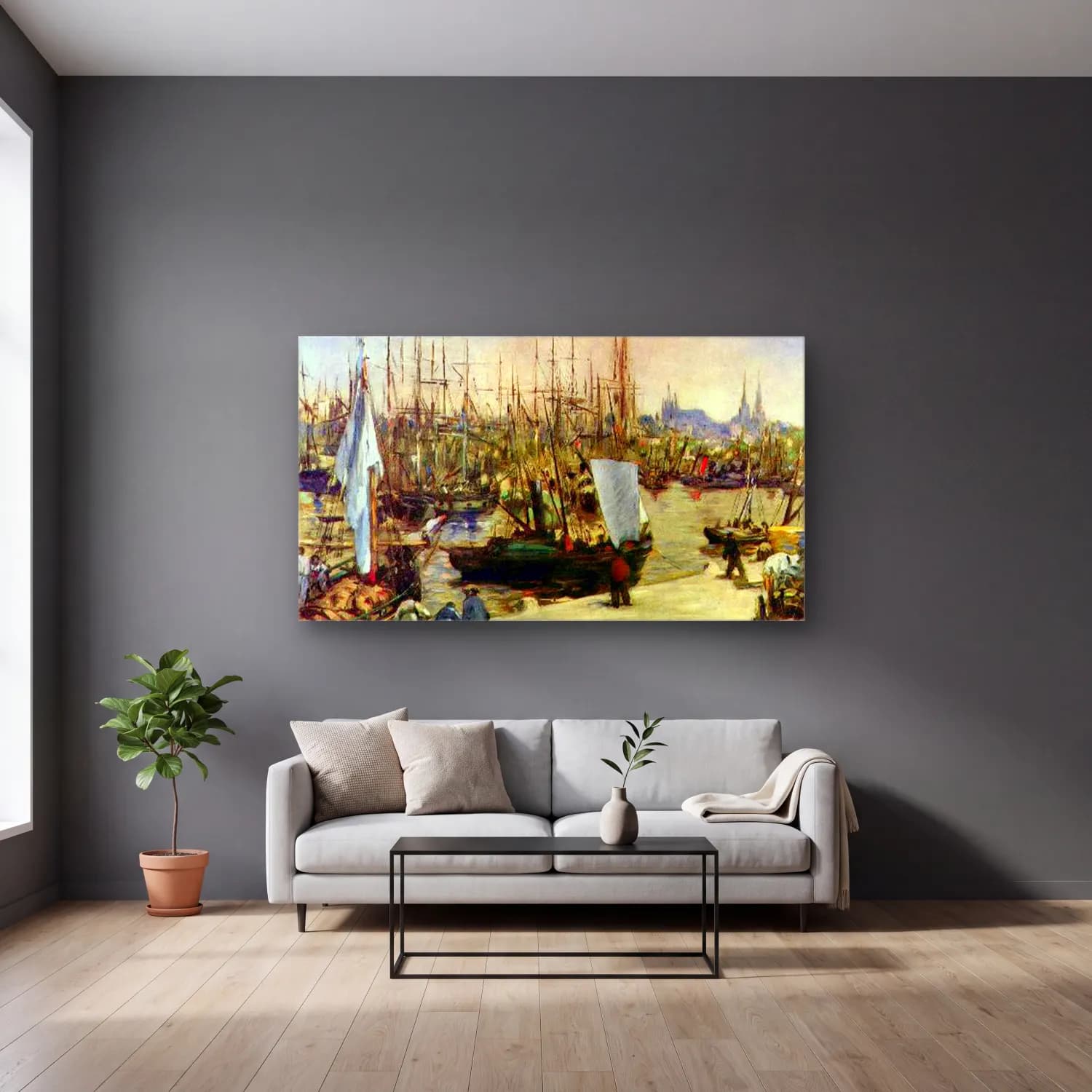 Edouard Manet – Port of Bordeaux cam tablo — gri duvarlı salonda