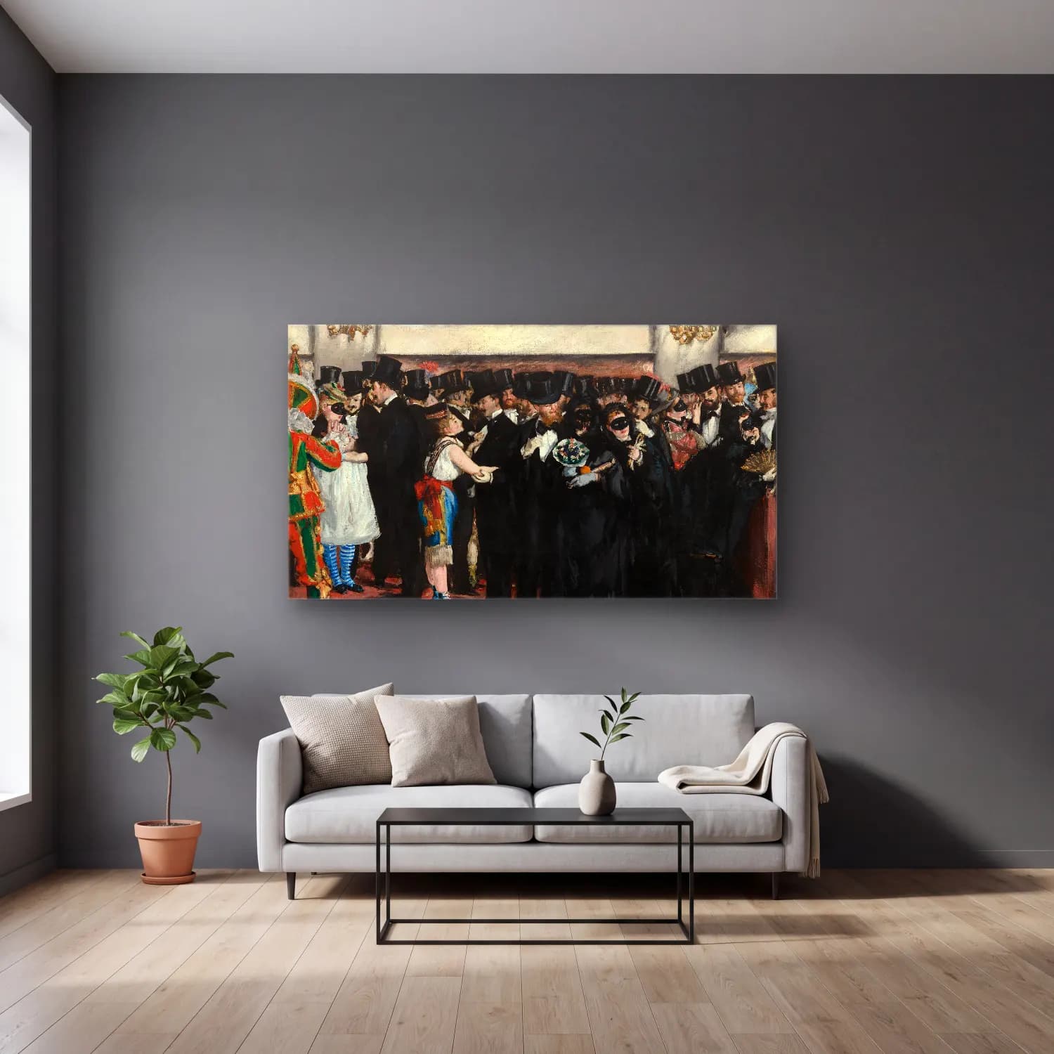 Edouard Manet – The Masked Ball Edouard Manet cam tablo — gri duvarlı salonda