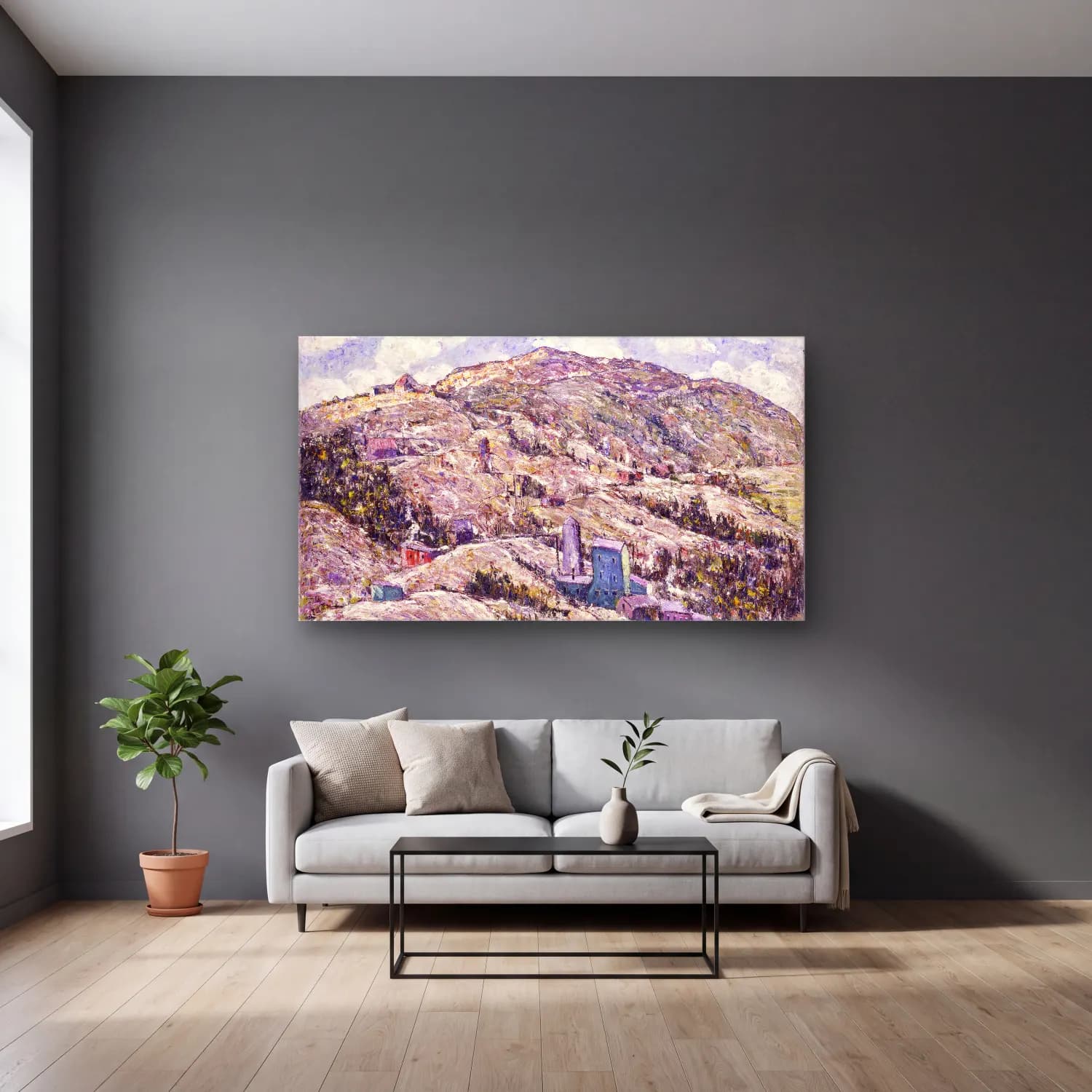 Ernest Lawson – Gold Mining, Cripple Creek cam tablo — gri duvarlı salonda