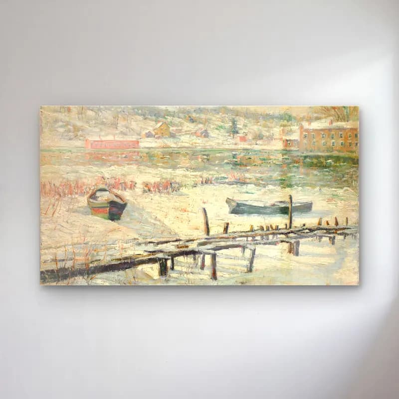 Ernest Lawson – Harlem River in Winter cam tablo — Ernest Lawson – Harlem River in Winter — empresyonist liman ve tekneler