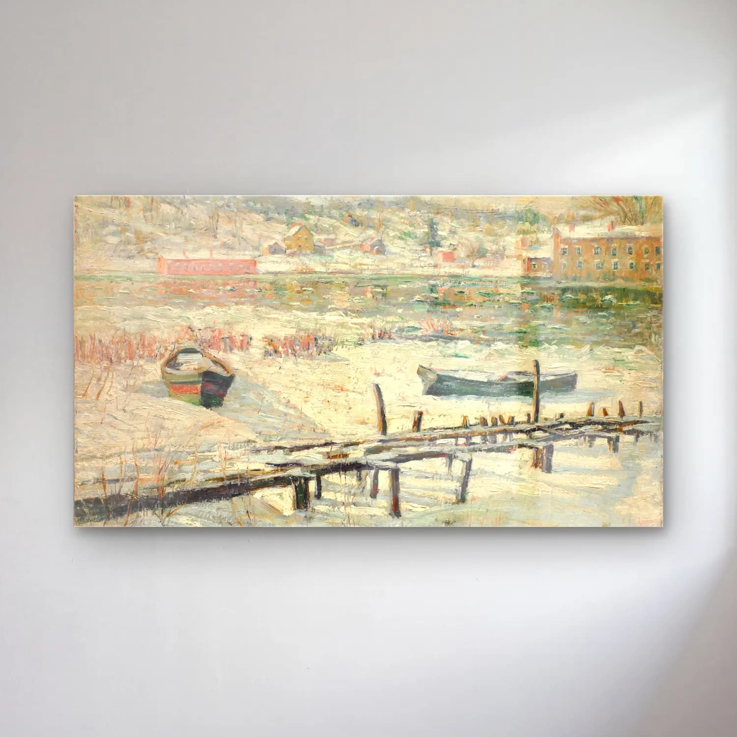Ernest Lawson – Harlem River in Winter cam tablo — Ernest Lawson – Harlem River in Winter — empresyonist liman ve tekneler