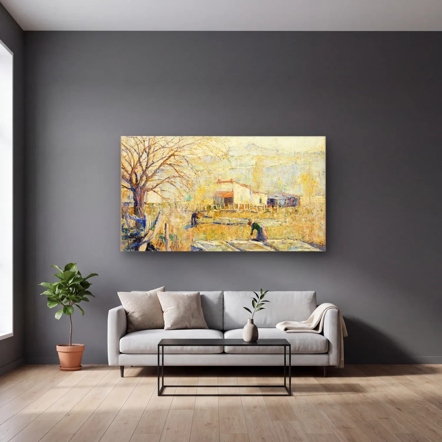 Ernest Lawson – Hot Beds cam tablo — gri duvarlı salonda