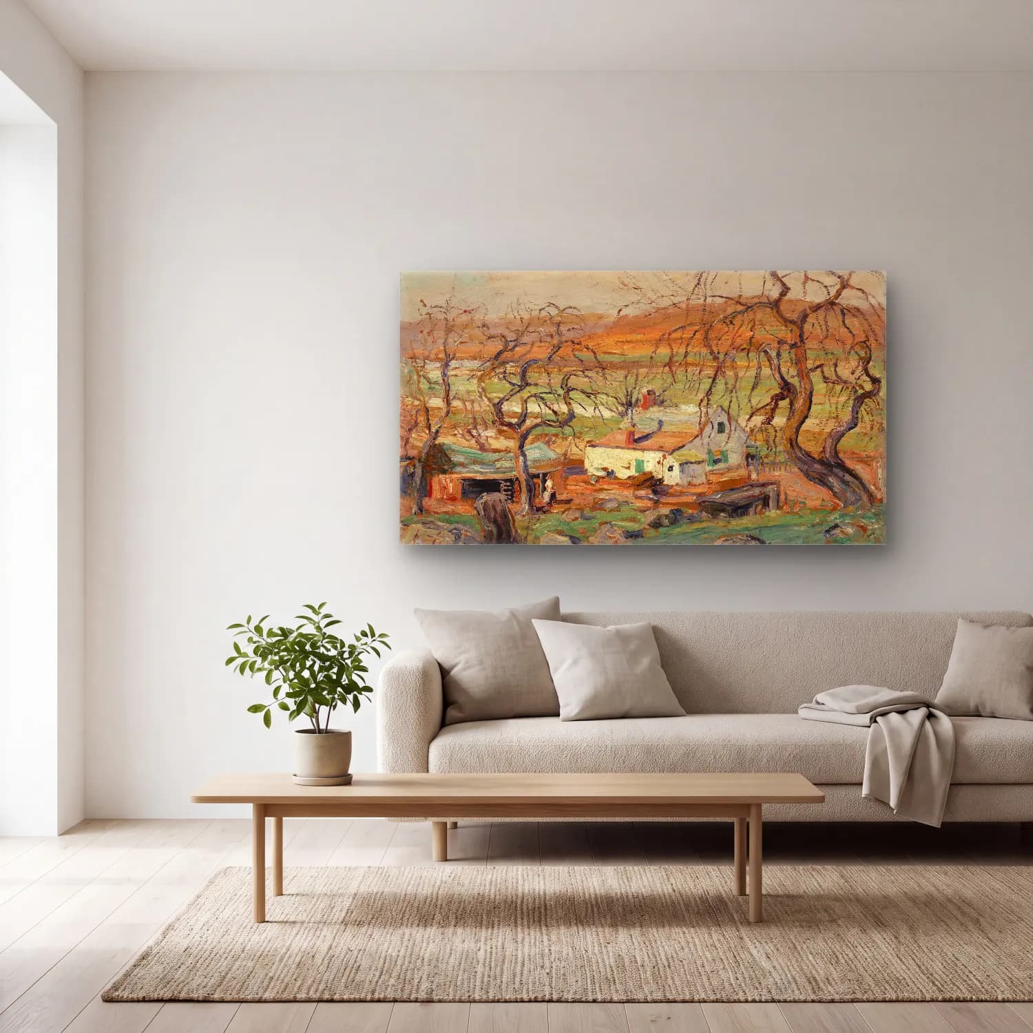 Ernest Lawson – Landscape with Gnarled Trees cam tablo — açık renk salonda