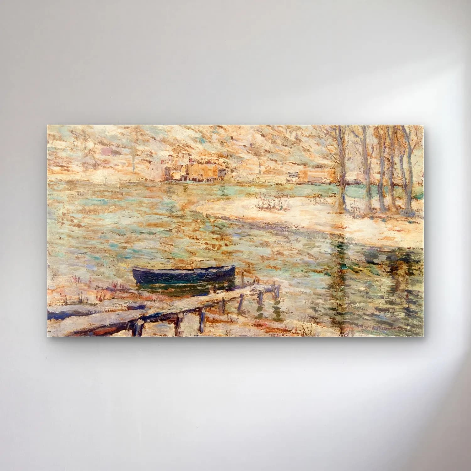 Ernest Lawson – River Scene–Boat and Trees cam tablo — Ernest Lawson – River Scene–Boat and Trees — empresyonist i̇talyan sahili