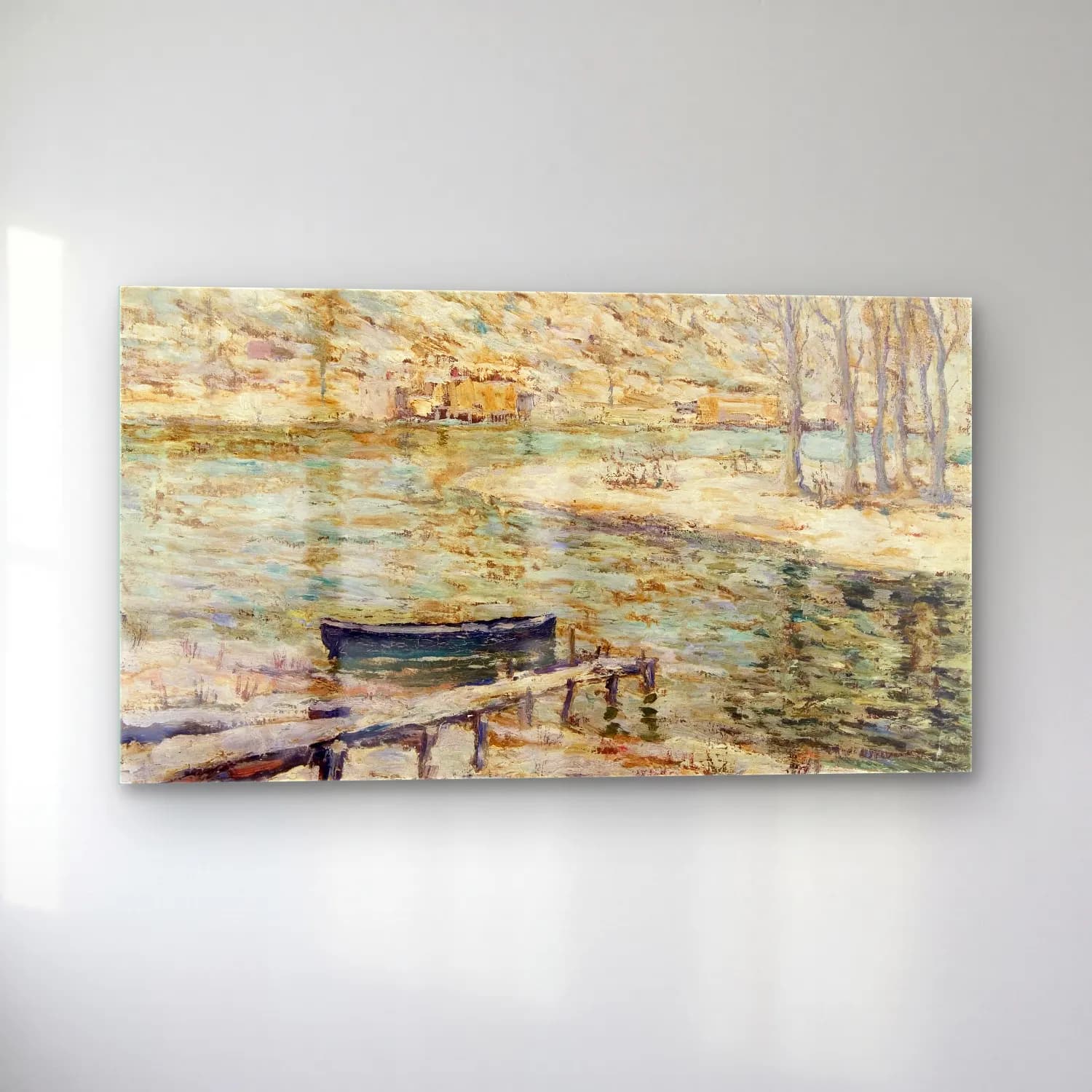 Ernest Lawson – River Scene–Boat and Trees cam tablo — sol açıdan görünüm