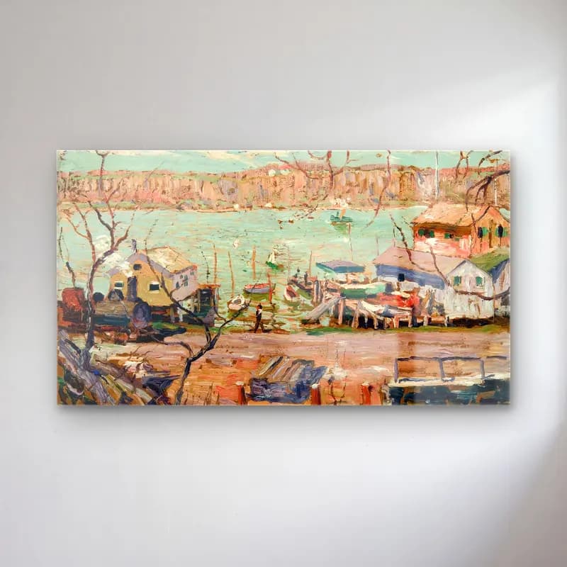 Ernest Lawson – River Scene–Boats and Houses cam tablo — Ernest Lawson – River Scene–Boats and Houses — empresyonist liman ve tekneler