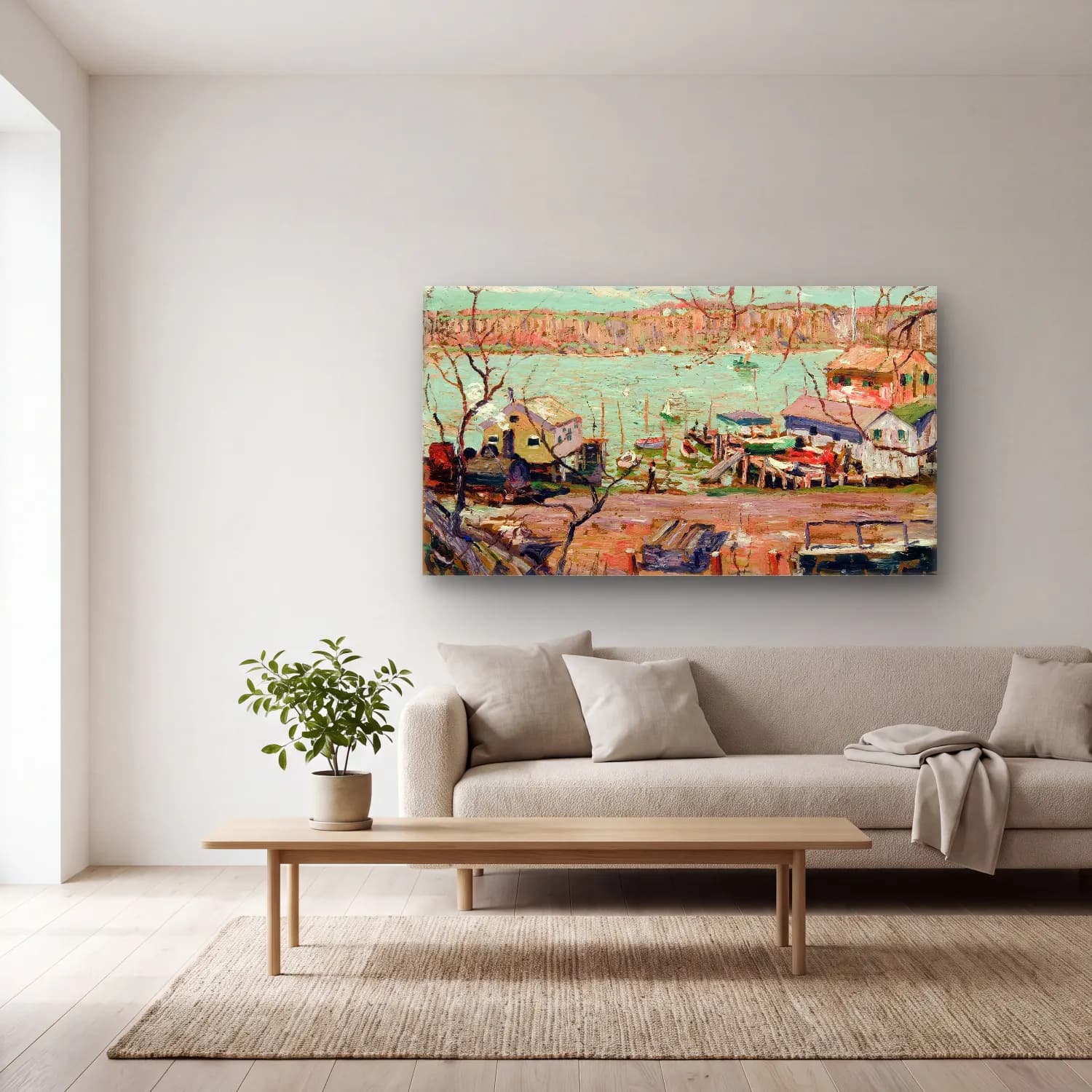Ernest Lawson – River Scene–Boats and Houses cam tablo — açık renk salonda