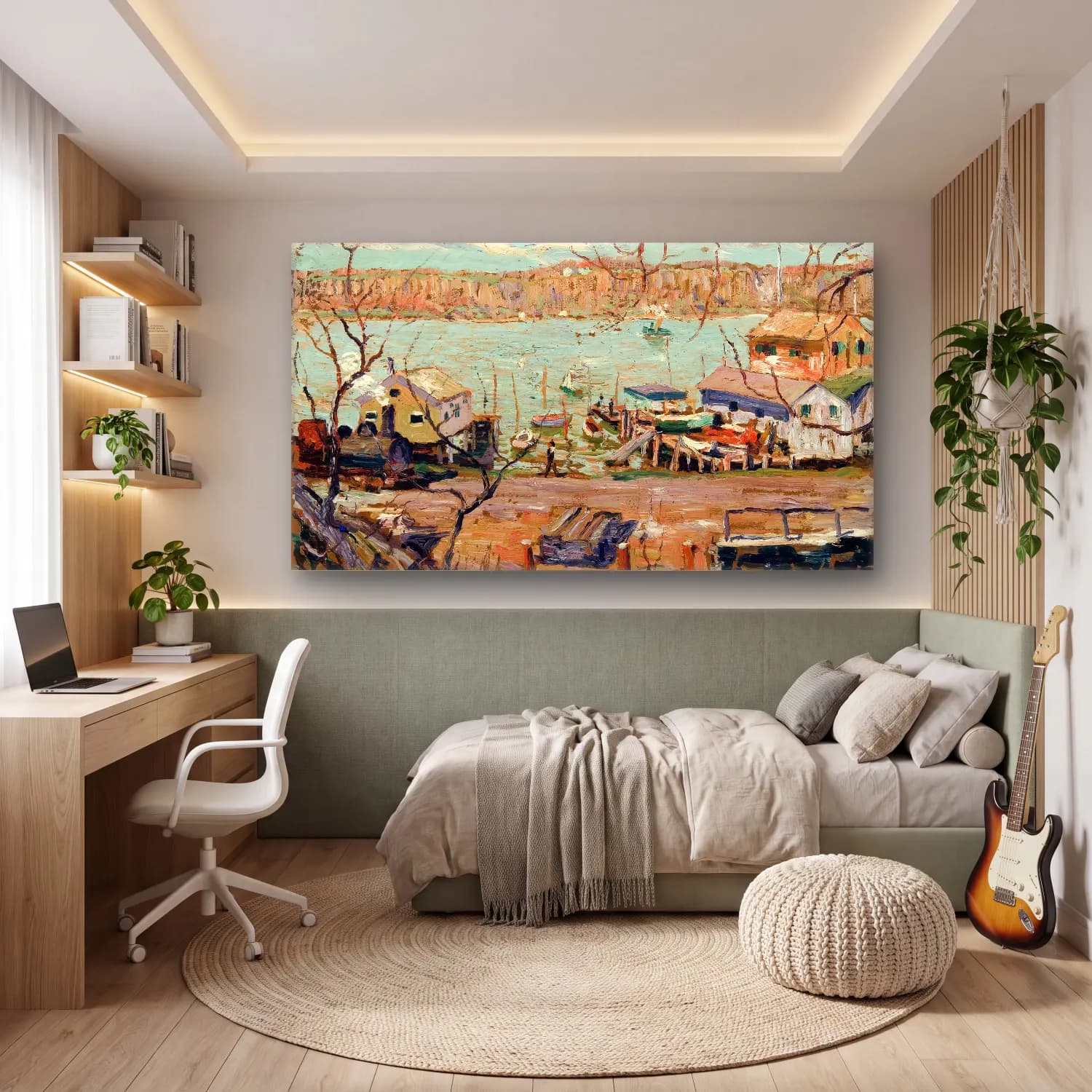 Ernest Lawson – River Scene–Boats and Houses cam tablo — genç odasında